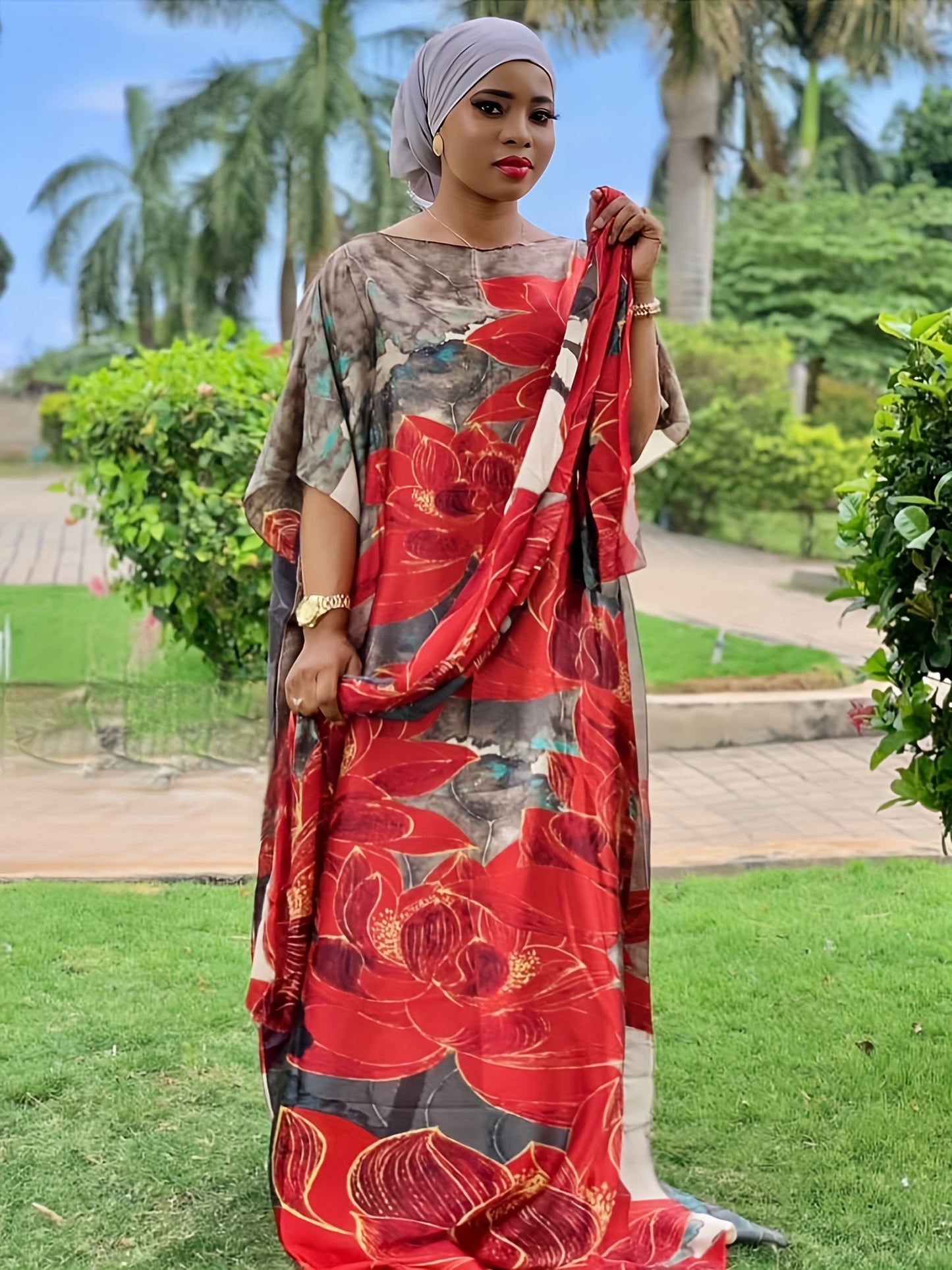 Elegant Plus Size Middle Eastern Kaftan Abaya with Scarf - Vibrant Geometric Floral Design, Soft Non-Stretch Fabric, Perfect for All Seasons, Available in Two Sizes (110g/㎡)