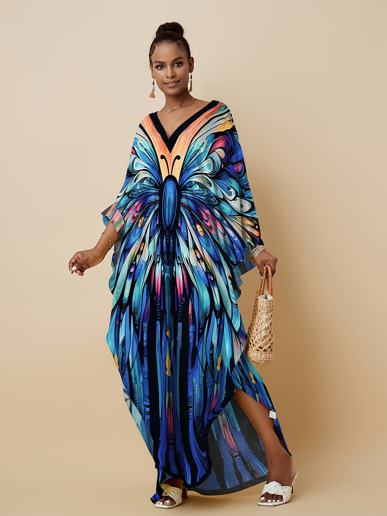 Kaftan Dresses For Women Bohemian Printed V-neck Beach Coverup Batwing Sleeves Kaftan Robe Casual Home Vacation Swimwear Coverup Ethnic Style Dress
