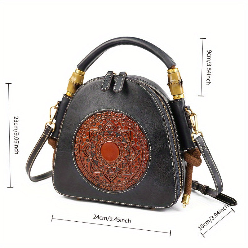 Genuine Leather Women's Crossbody Bag - Retro Chinese-Style Embossed Design, Adjustable Shoulder Strap, Zipper Closure, Top-Grain Cowhide Shell
