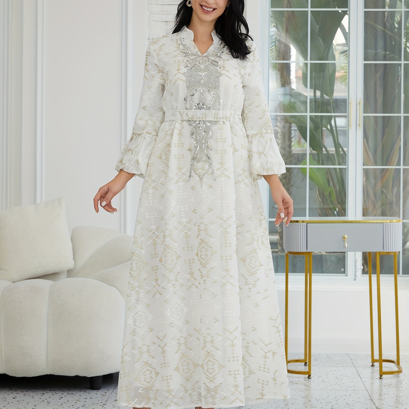 Elegant Women's Traditional Middle Eastern Abaya Dress with Embroidered Mesh Overlay - Long Sleeve, Belted Waist, Loose Fit, Geometric Pattern, White & Golden Design for Spring/Summer/Fall, Cultural Attire | Intricate Embroidery