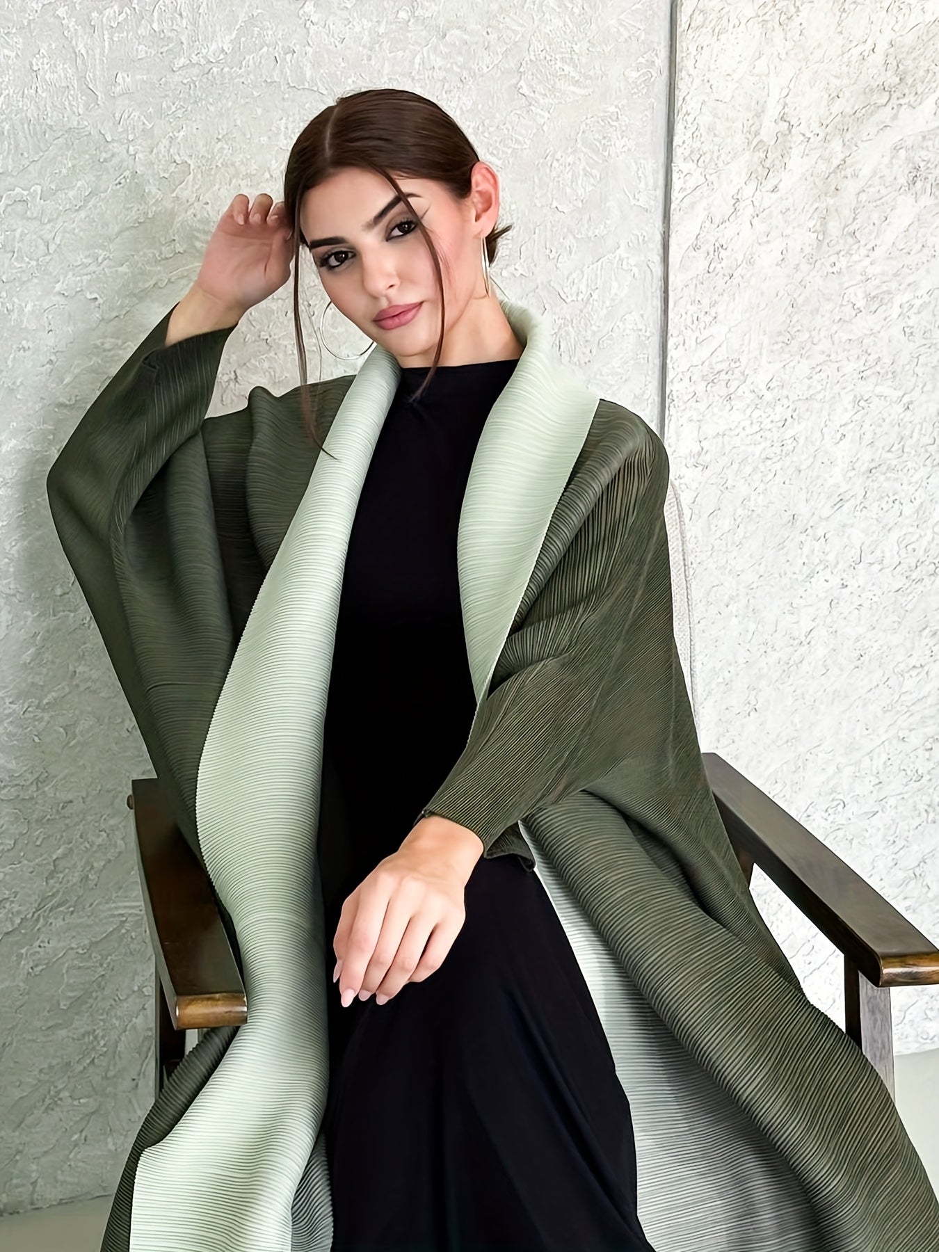 Middle Eastern Fashion Open Abaya Muslim Woman Luxury Formal Robe Saudi Arabia Eid Abaya Gate Ramadan Green Gradient Pleated Long Sleeve Coat with Belt Plus Size Clothes
