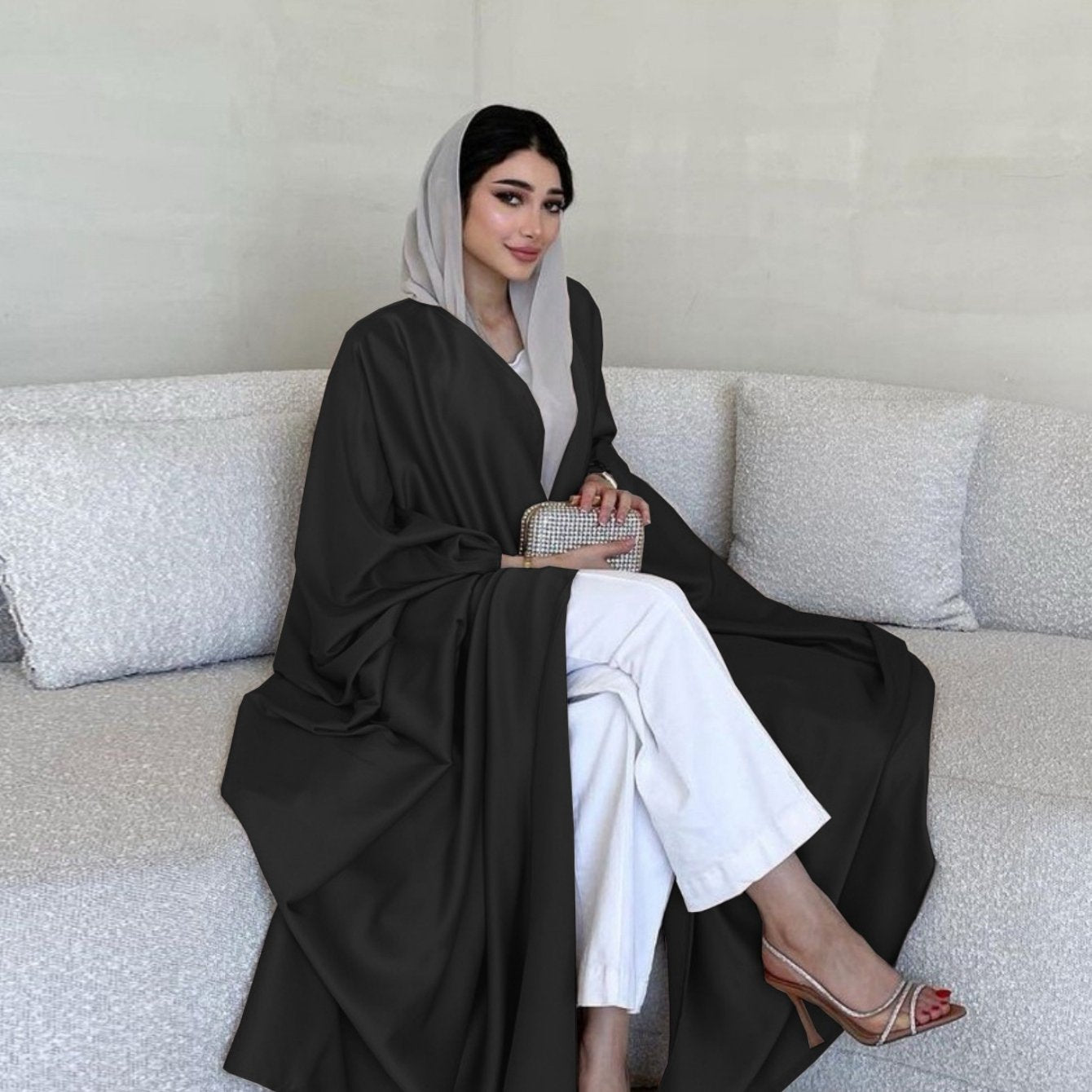 Elegant Middle Eastern Muslim Women's Long Sleeve Abaya Dress - Soft Lightweight Non-Stretch Fabric with Adjustable Waist Belt, Floor-Length Modest Robe for Spring/Summer, Hand Wash Only