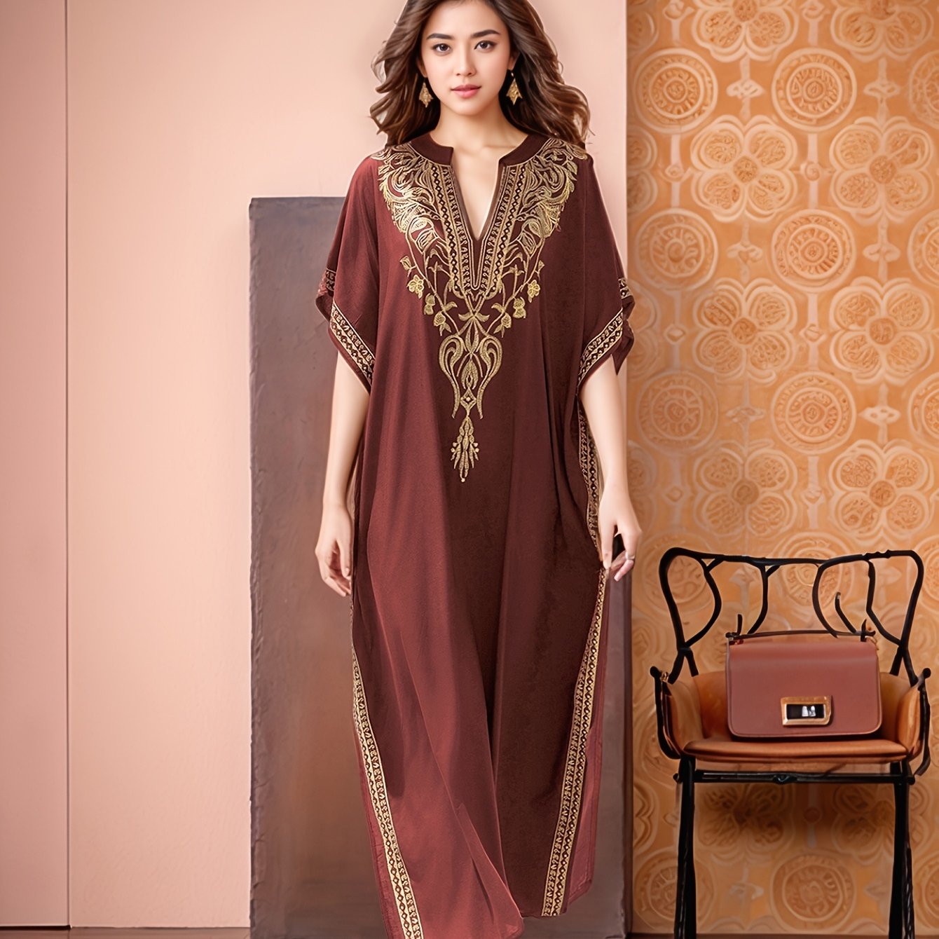 Elegant Gold Embroidered Resort Gown Kaftan Dress V-Neck Beach Blouse Kaftan