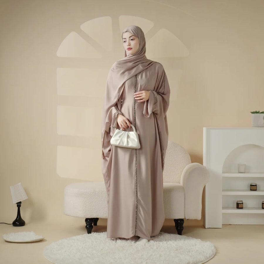 Batwing Emirati Abaya with Matching Hijab | Batwing Sleeve Abaya – Elegant Middle Eastern Arab, Islamic Style Shawl Robe Dress for Women, Long Skirt, Ramadan Prayer Outfit