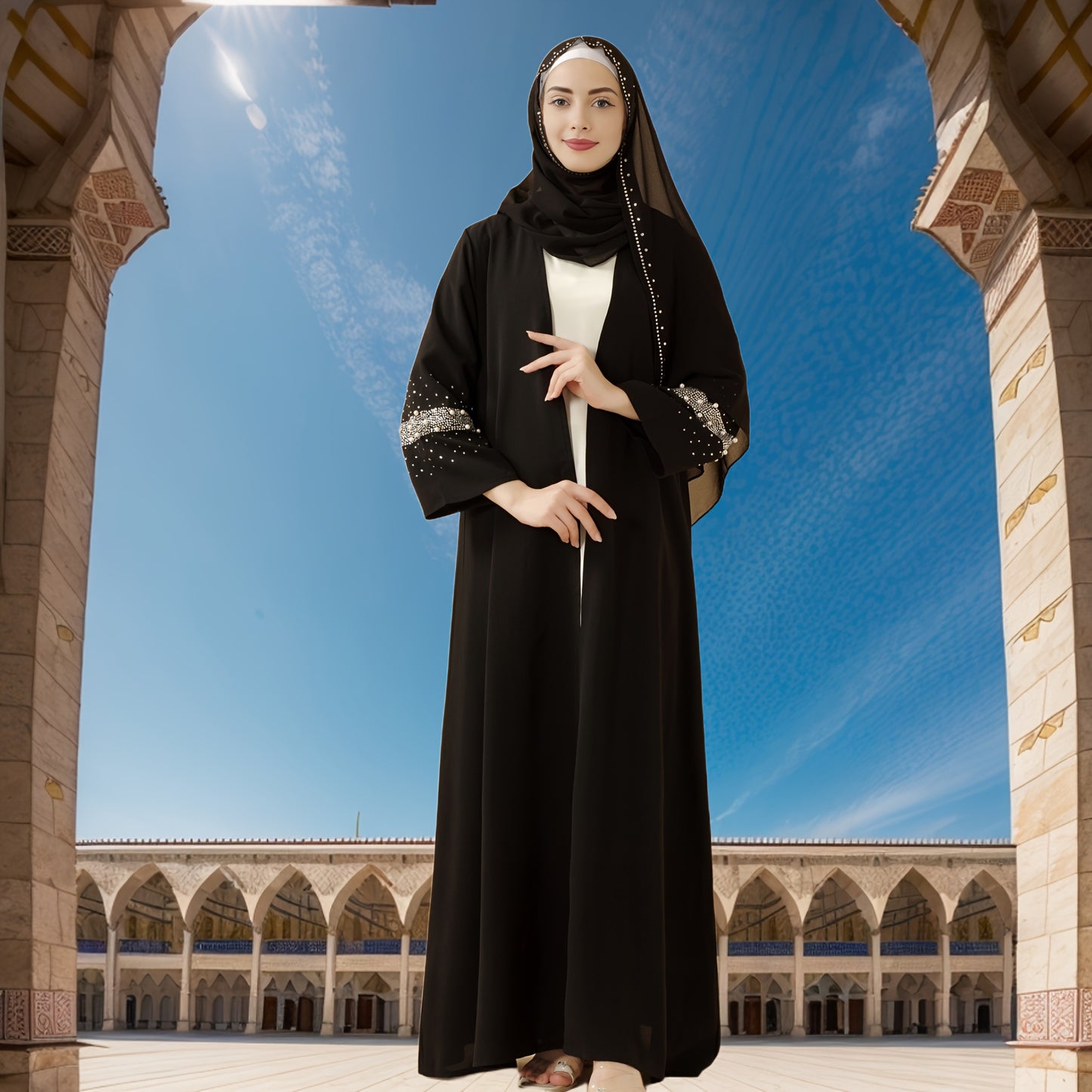 1pc Muslim Eid Al-Adha Long Scarf Arabic Abaya Set, Two-Piece Islamic Women's Ramadan Eid Prayer Dress, Holy Commemoration Robe, Global Spring Summer Comfortable Covering Outfit