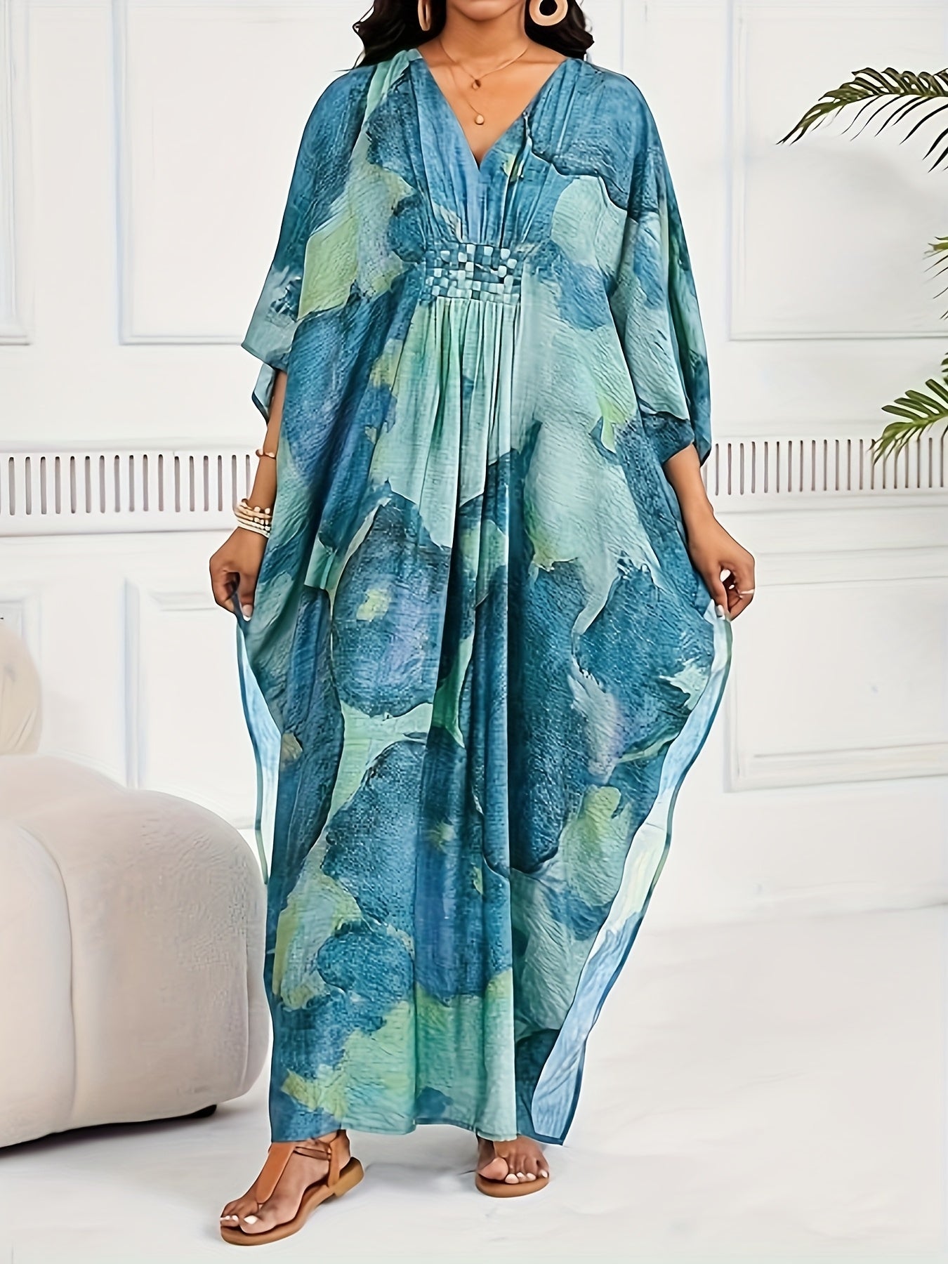 Plus Size - Plus Size Kaftan Dresses For Women V Neck Swimsuit Coverup Floral Print Kaftan Maxi Beach Dress Brown