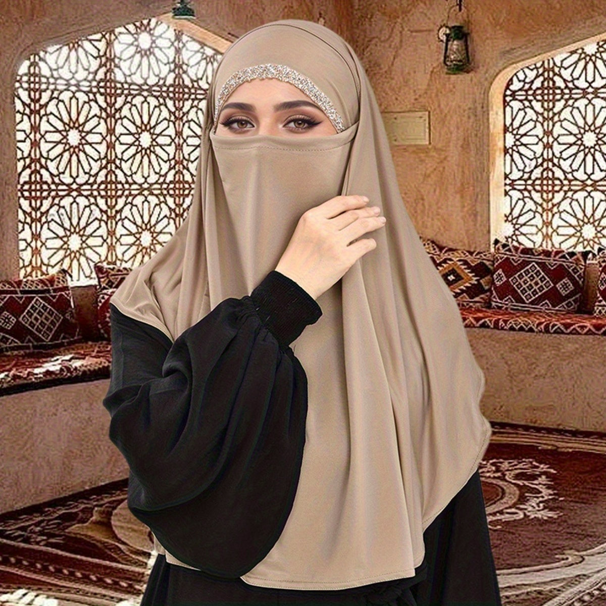 Women Khimar Abaya, Elegant Shiny Hot Fix Drills Hijab Scarf Lightweight Middle East Fashion Accessory
