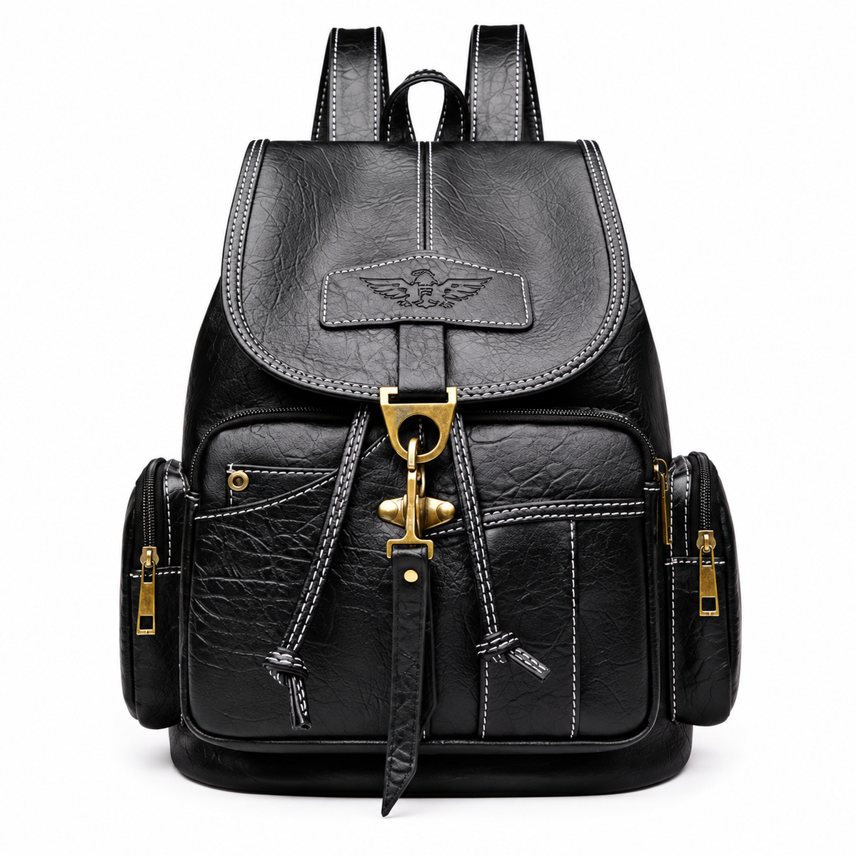 Black Vintage Backpack With Brass Details