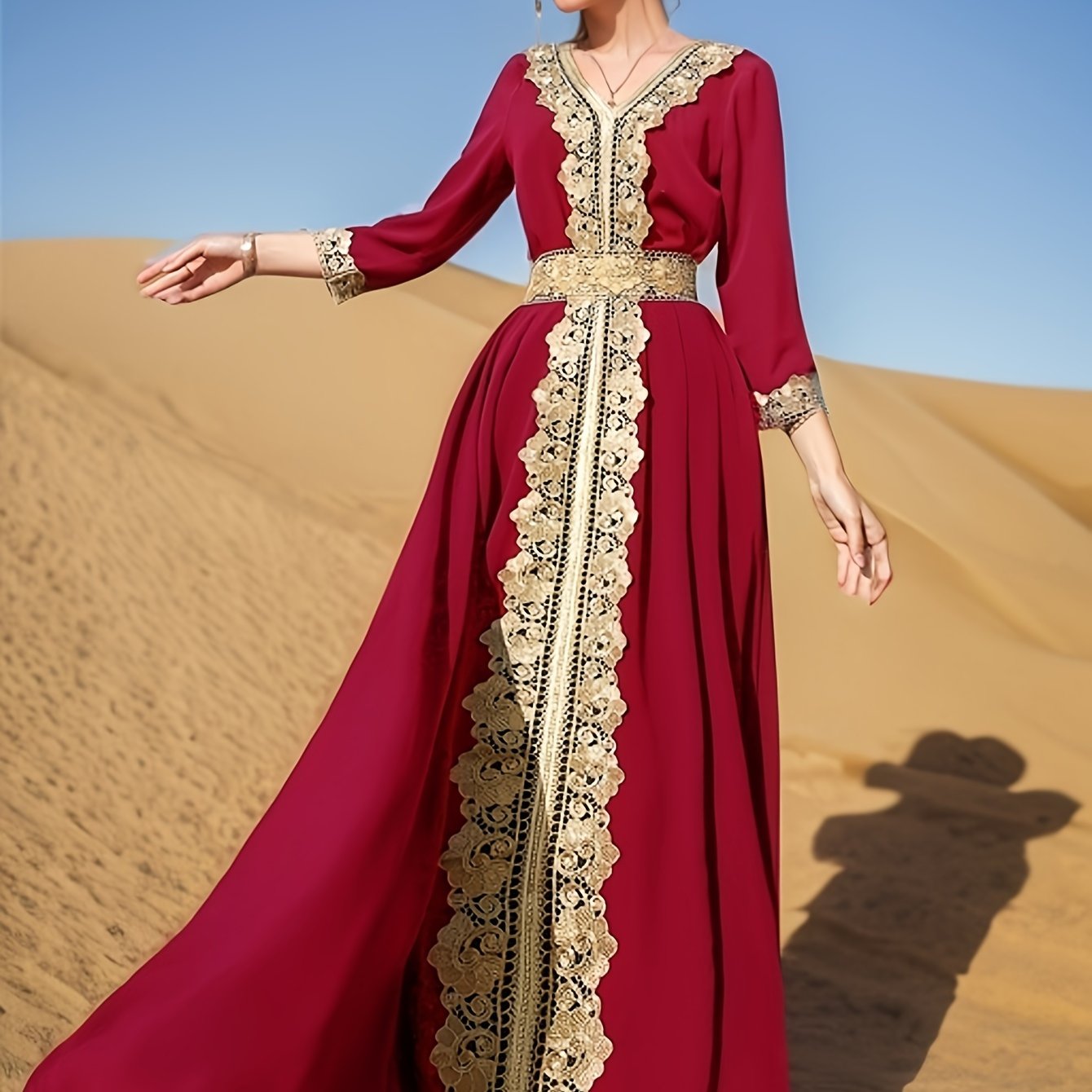 Elegant Golden Contrast Lace Detail Maxi Palestinian Abaya - V-Neck, Long Sleeve, Polyester, Formal or Evening Wear for Women, Formal Occasion Attire | Lace Detailing | Polyester Fabric