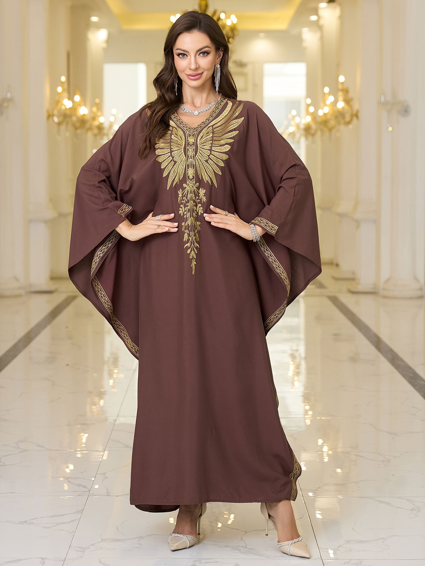 Elegant Plus Size Kaftan Dress with Embroidered Wings - V-Neck, Batwing Sleeves Abaya, Loose Fit Maxi Dress for Women - Suitable for Casual Wear, Parties & Special Occasions - Perfect Gift for Women
