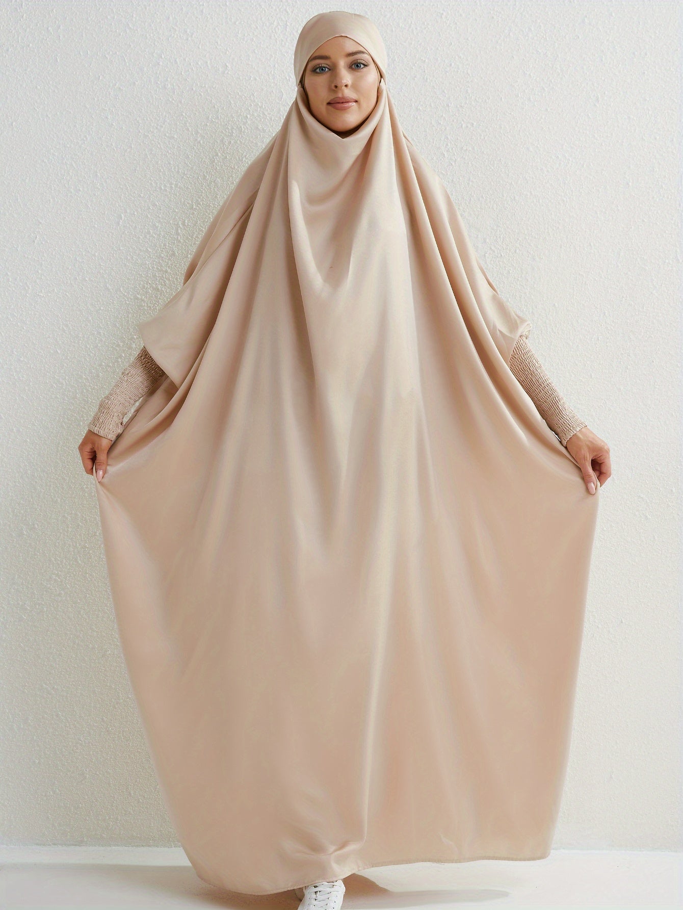 Elegant Loose-Fit Abaya Robe with Built-In Headscarf - Modest Ramadan Prayer Dress, Long Sleeve Butterfly Cuff Traditional Middle Eastern Full-Length Cover Dress, Solid Color Machine Washable, Religious Attire, Allseason Wear