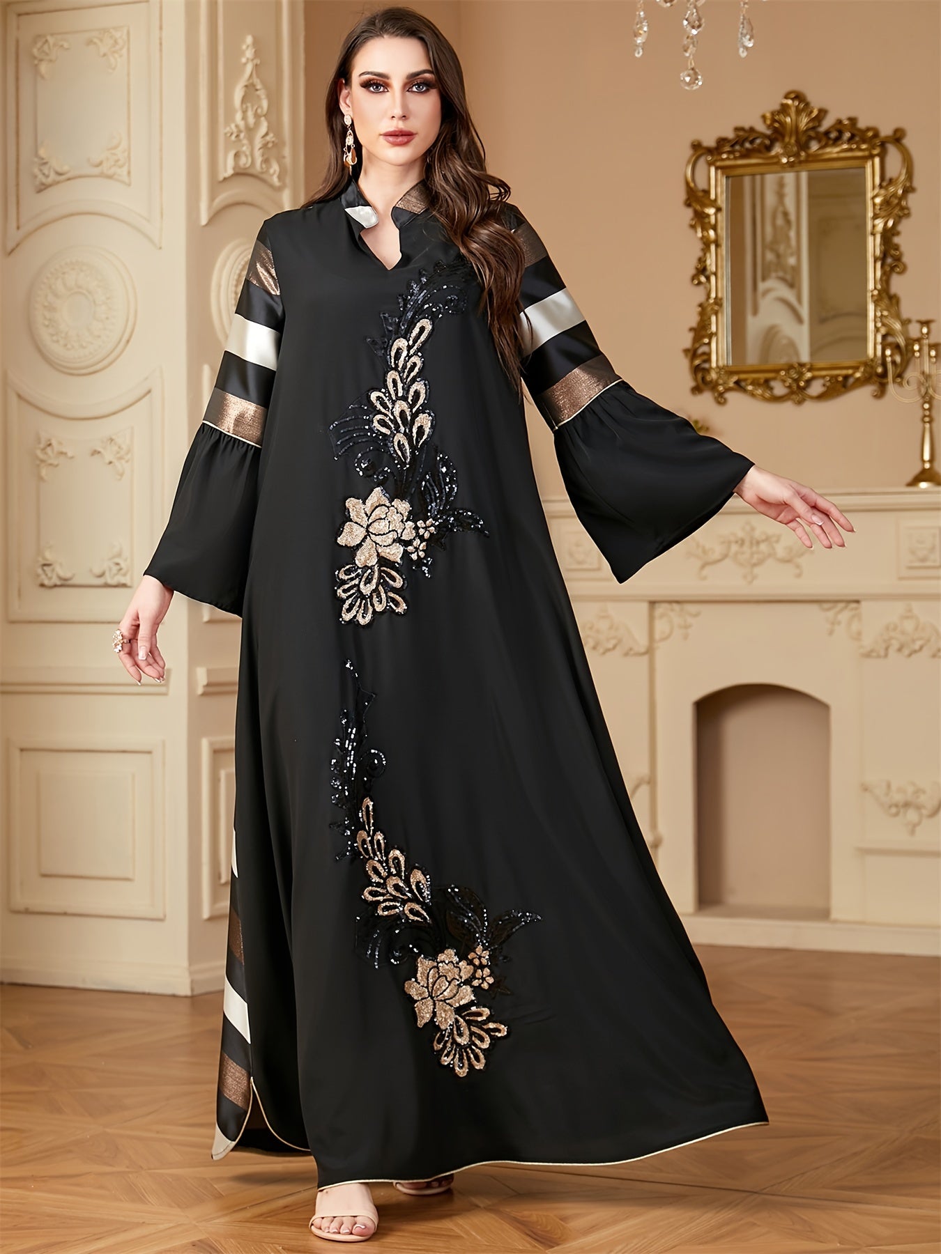 Black & Golden Ramadan Abaya Dress | Loose Fit, 100% Polyester, Long Sleeve, Modern Floral Print, Sequin Patchwork Kebaya for Muslim Women - Modest Eid & Daily Wear