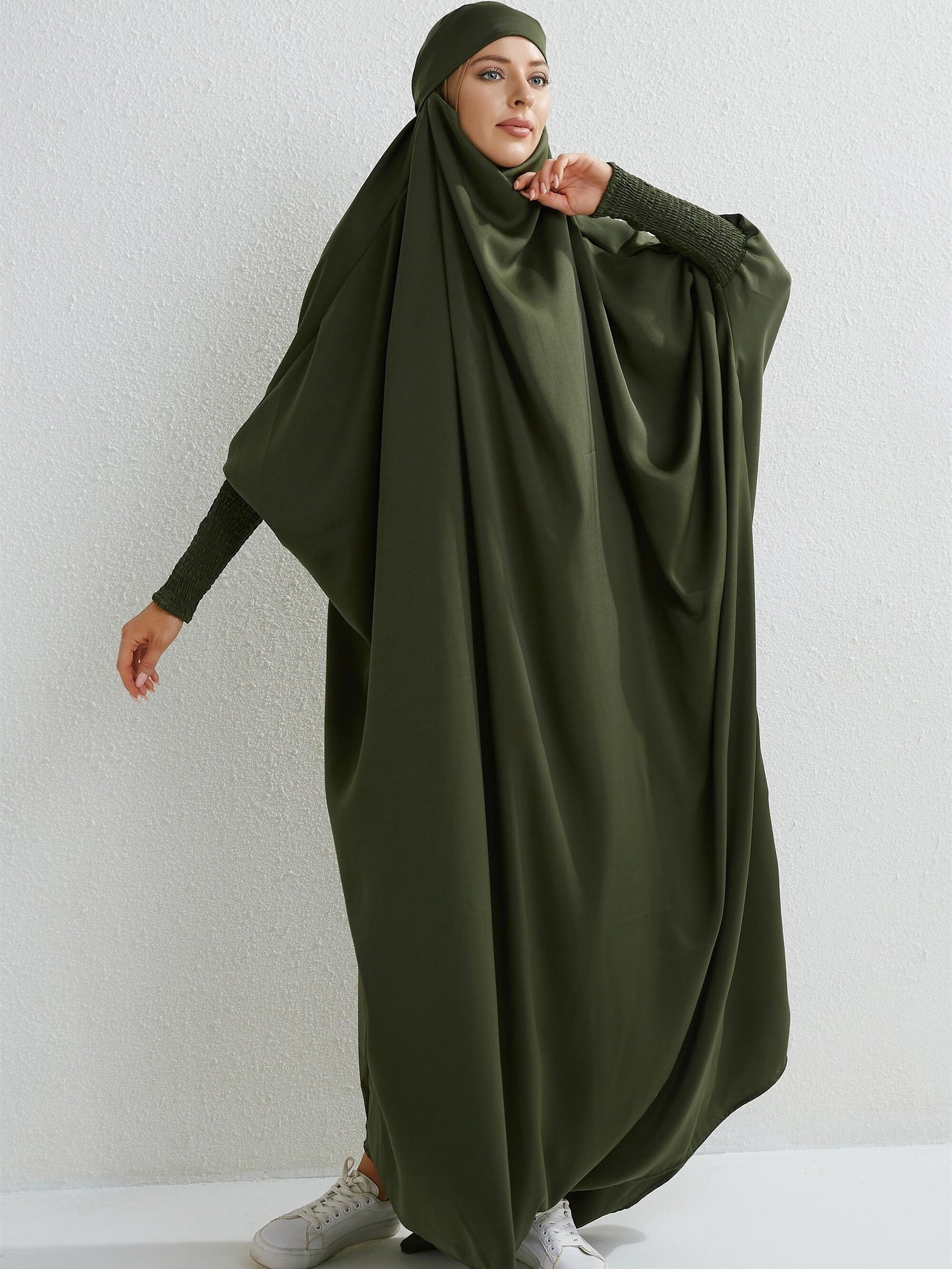 Women's Modest Jibab Abaya Dress with Hijab - Batwing Sleeves & Smocking Detail, Full-Length Prayer Robe, Islamic Clothing, Machine Washable Solid Color for Ramadan & Daily Wear, Allseason Robe, Hshaped Silhouette, Nontransparent F
