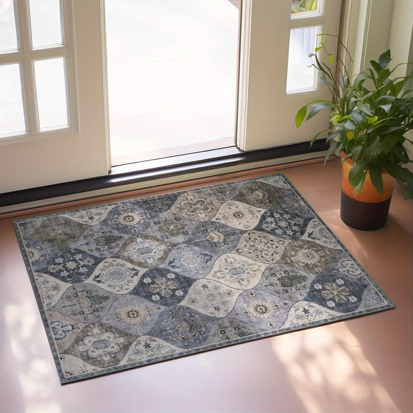 Moroccan Floral Area Rug, Entryway Rug Non-Slip Washable Small Rug, Ultra Soft Antique Print Vintage Distressed Low-Pile Indoor Door Mat Floor Carpet for Entrance Kitchen Bathroom Bedroom