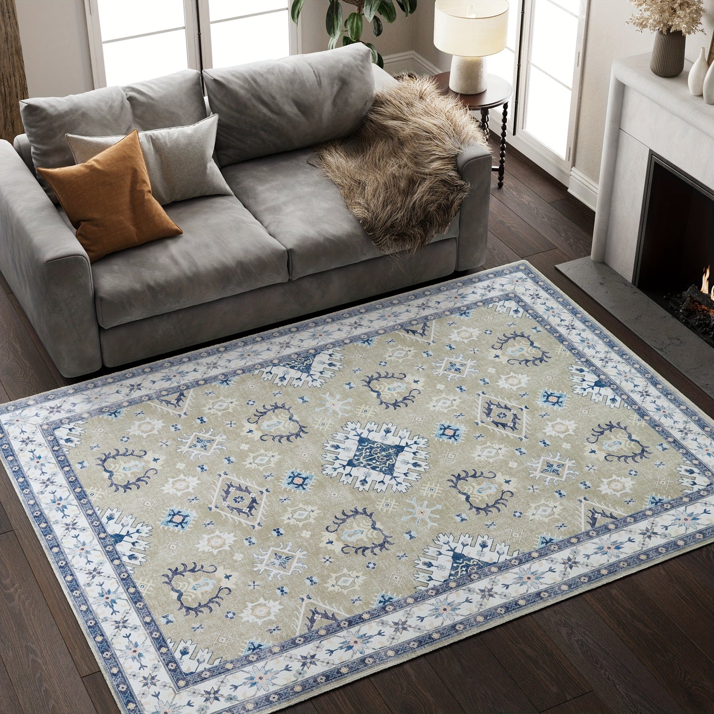 Boho-Chic Vintage Floral Area Rug - Non-Slip, Machine Washable Arabian Carpet, Low-Pile TPR & Polyester Blend, Perfect for Kitchen, Living Room, Bedroom, Dining Room
