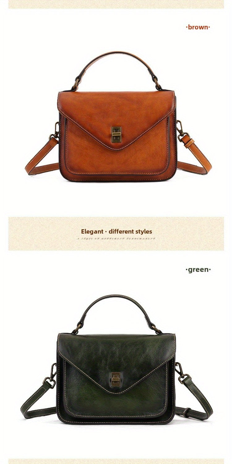 Women's Genuine Leather Retro Messenger Bag - Adjustable Crossbody & Shoulder Strap, Snap Closure, Durable Oil-Edged Trim