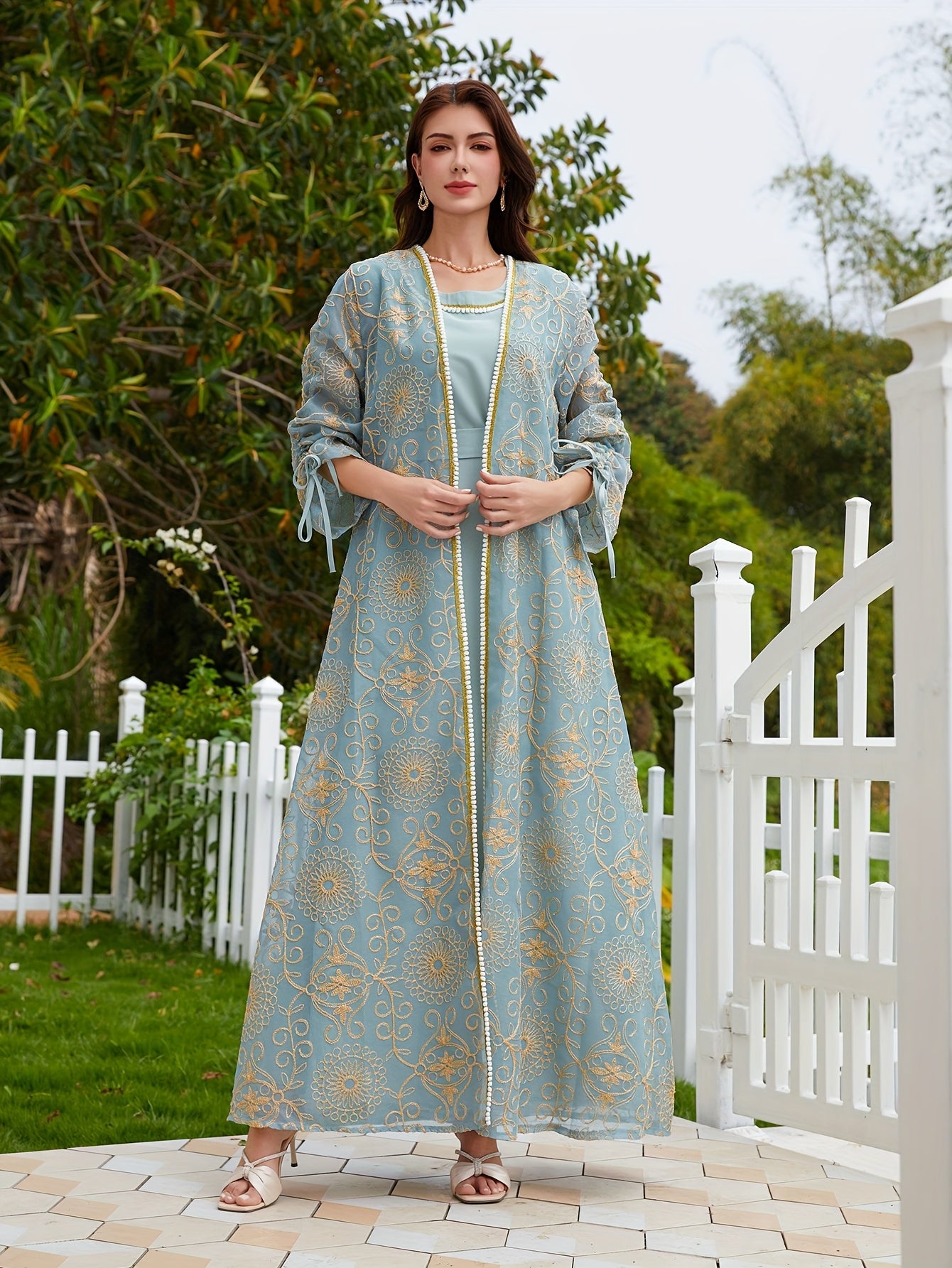2pcs embroidered gray-blue Turkish elegant festive abaya set