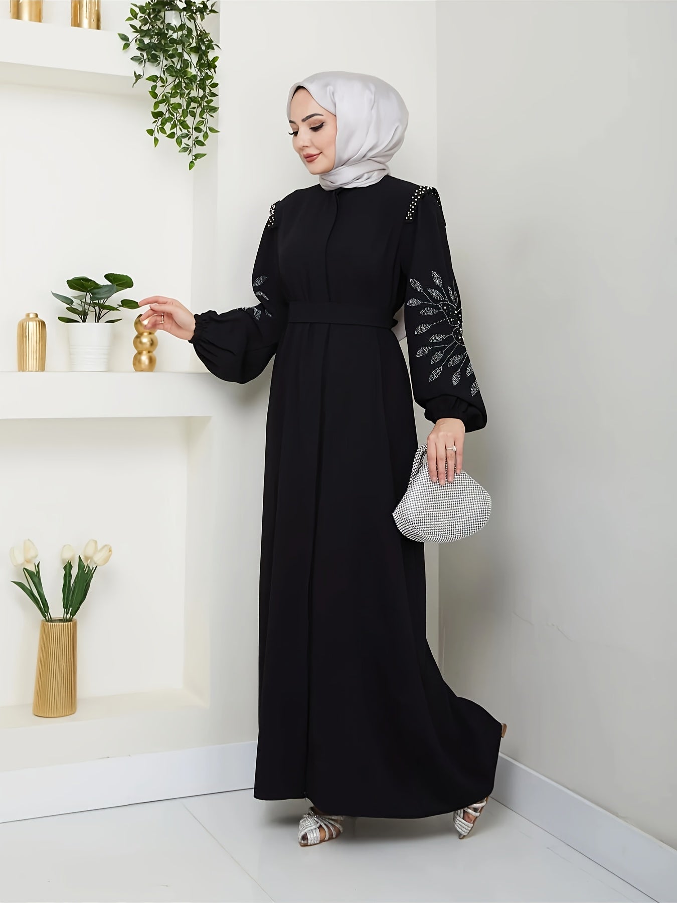 Elegant Middle Eastern-Inspired Rhinestone & Pearl Embellished Long Palestinian Abaya Dress - 100% Polyester Solid Black Floor-Length with Belt, Hand Wash Only for Modest Women