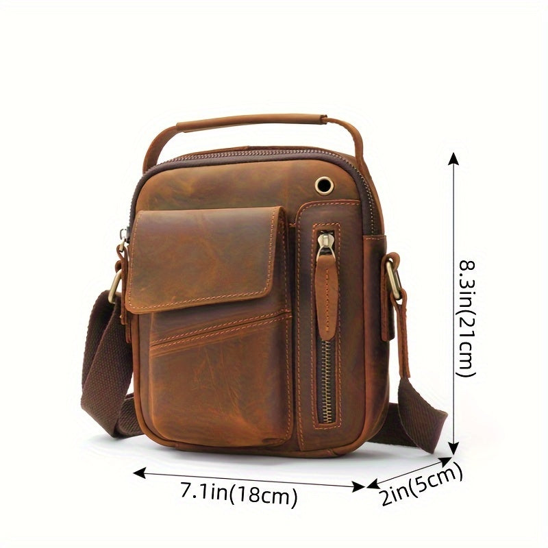 Men's Genuine Leather Vintage Crossbody Sling Bag - Coffee Brown Adjustable Strap, Large Capacity Anti-Theft Multi-Compartment