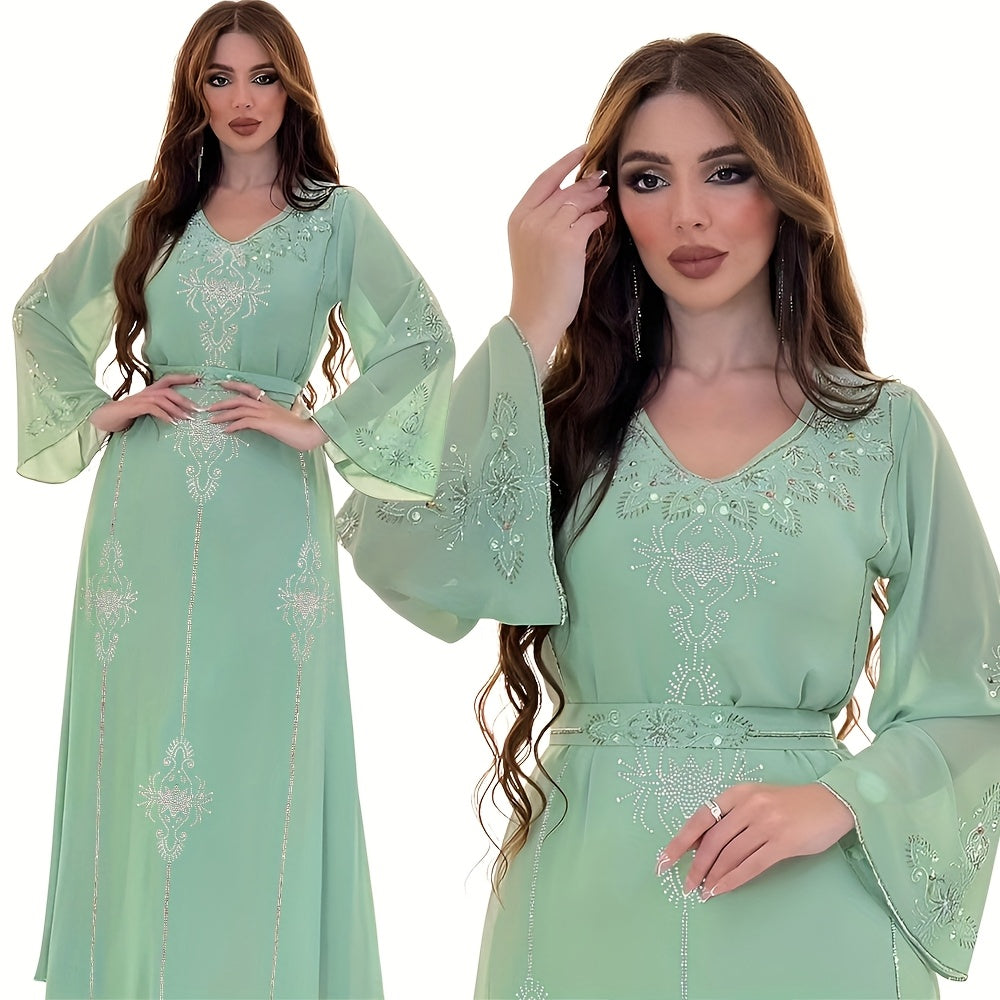 Elegant Rhinestone Embellished Chiffon Dress - Summer Long Robe for Women, Polyester, Machine Washable, Middle Eastern Style Palestinian Abaya