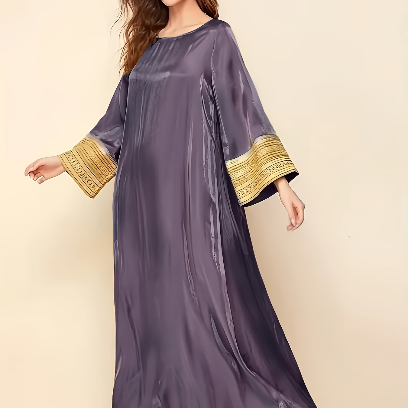 Elegant Long-Sleeve Baju Abaya | Golden Lace Accents, Reflective, Loose Fit, Round Neck, Perfect for Spring/Fall, Women's Fashion, Fall Fashion