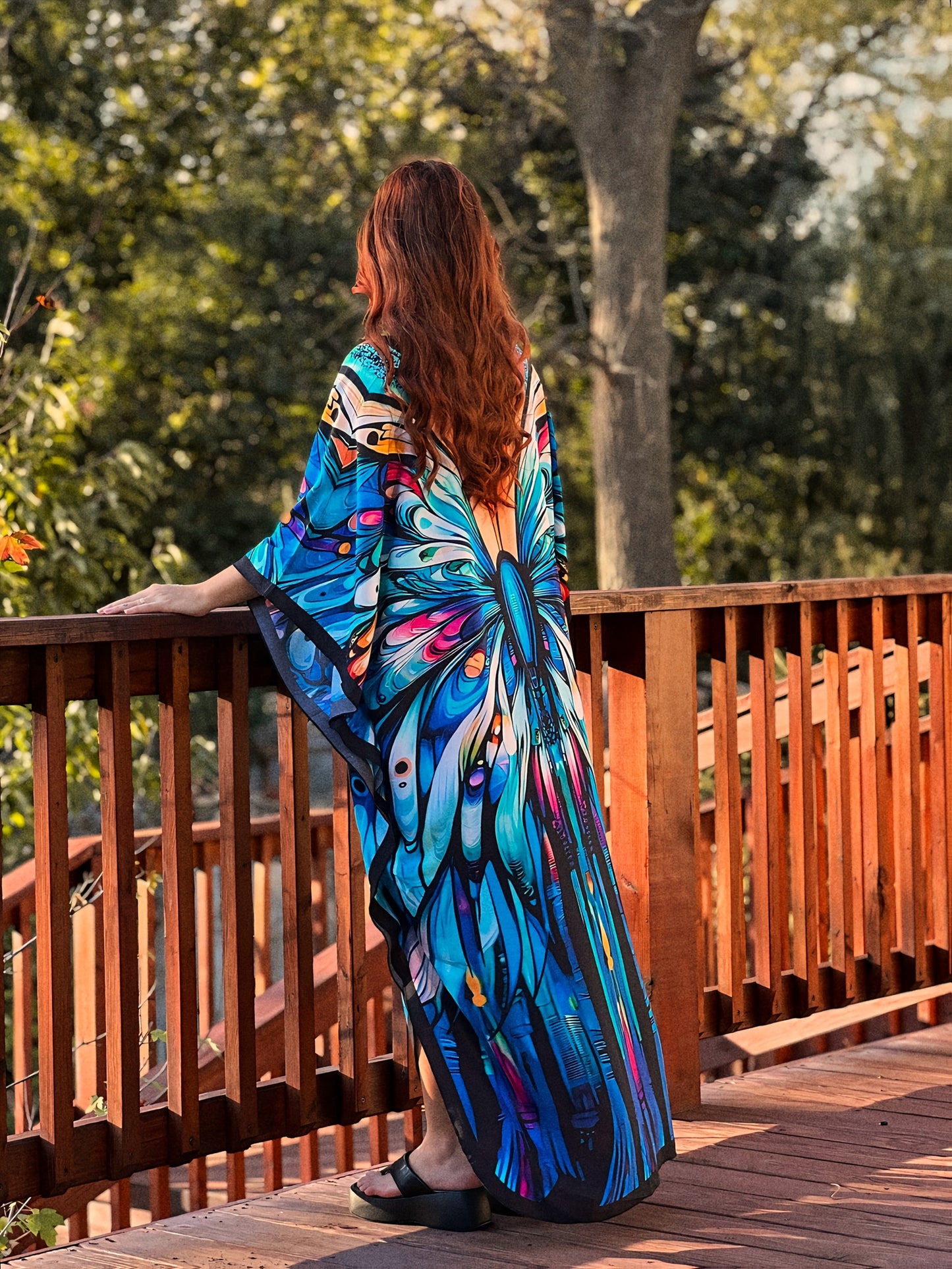 Kaftan Dresses For Women Bohemian Printed V-neck Beach Coverup Batwing Sleeves Kaftan Robe Casual Home Vacation Swimwear Coverup Ethnic Style Dress