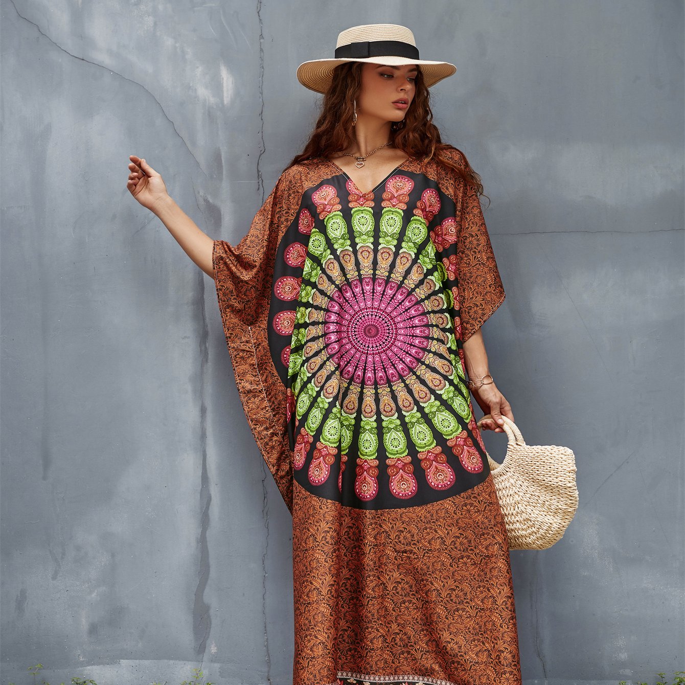 Colorful Women's Geometric Pattern Kaftan Dress - V-Neck, Side Slit, Long Beach Cover-Up in Brown with Fringe Detail - Lightweight Polyester, Ideal for Spring/Summer/Fall, Poolside Attire|Breezy Beachwear|Glossy Finish
