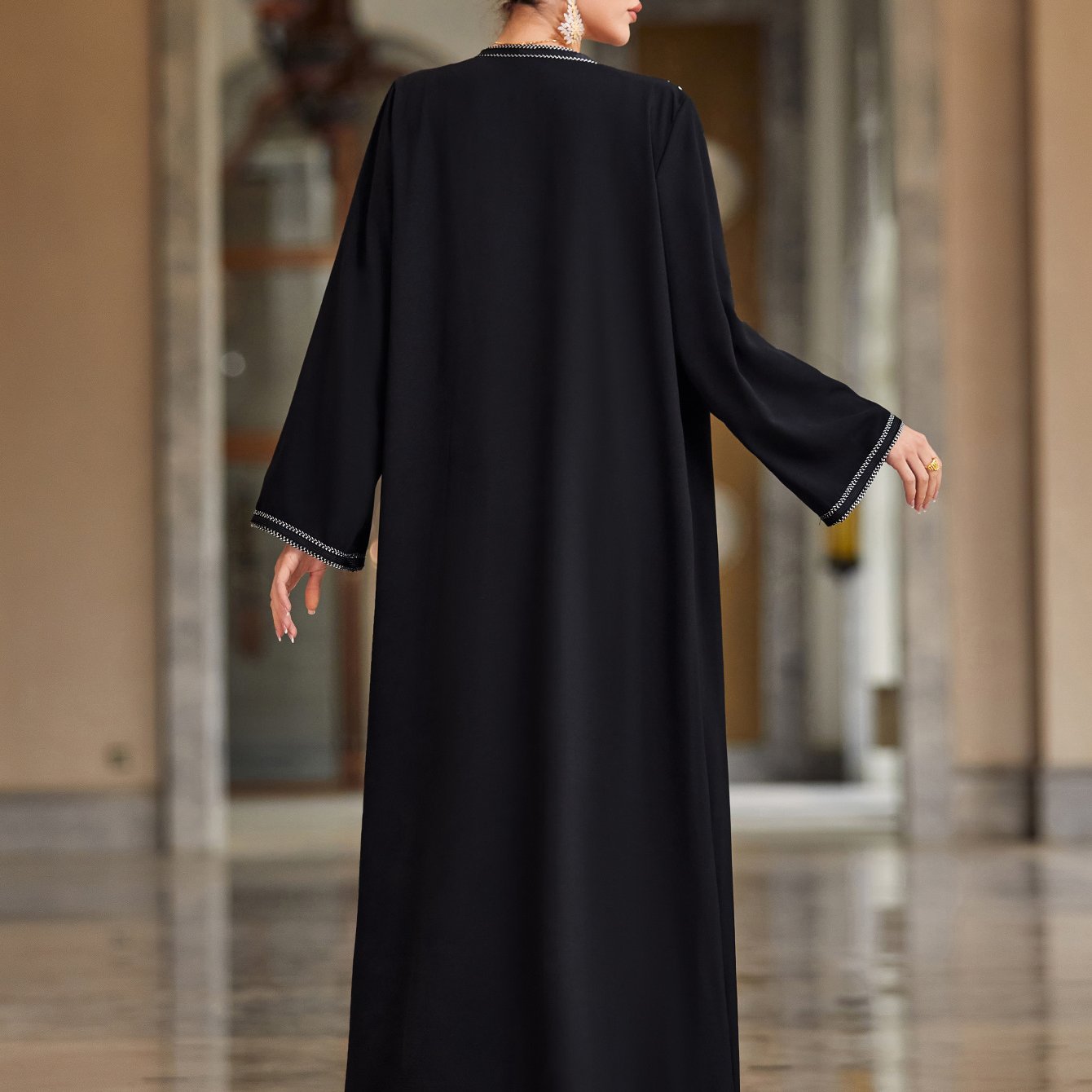 Elegant Black Rhinestone Embellished Maxi Dress for Women - Sleeveless, Open Front Abaya, High-Low Hem, Stretchy Polyester Blend, Perfect for Casual Family Gatherings & Formal Events