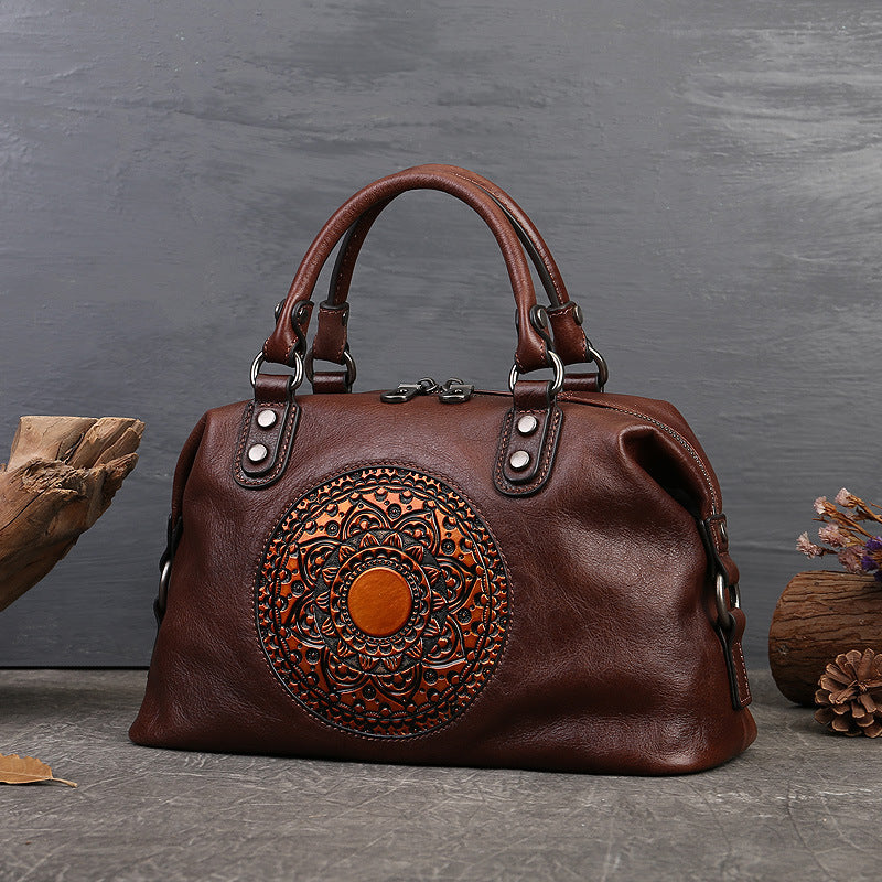 Women's Genuine Leather Satchel Business Handbag - Light Brown Geometric Retro Totem Design, Large Capacity Convertible Shoulder/Handbag with Adjustable Strap