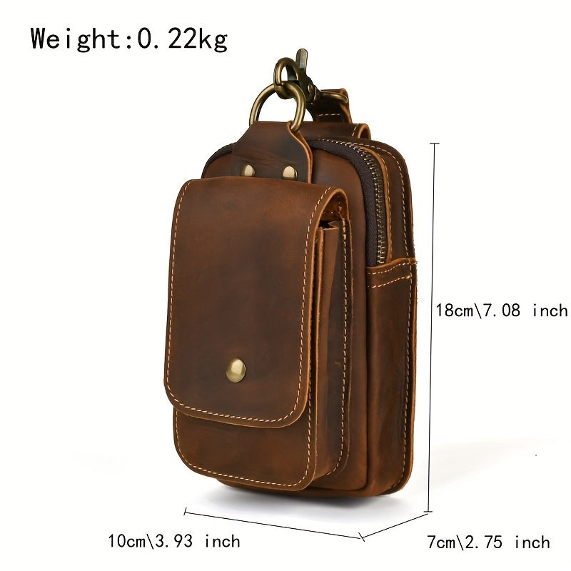 Men's Retro Genuine Leather Belt Bag - Anti-Theft Lightweight Belt Clip with Multiple Zippered Compartments for Phone & Essentials