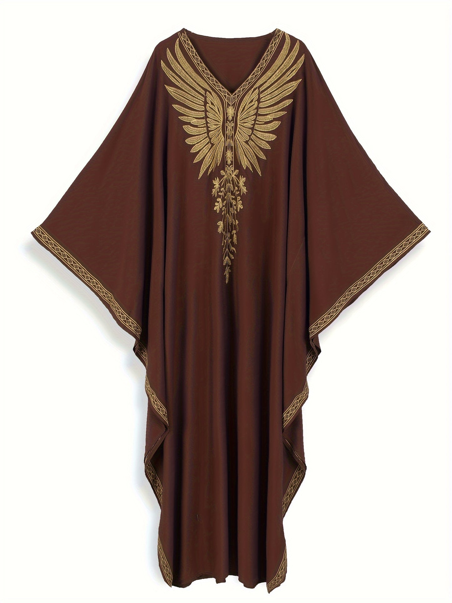 Elegant Plus Size Kaftan Dress with Embroidered Wings - V-Neck, Batwing Sleeves Abaya, Loose Fit Maxi Dress for Women - Suitable for Casual Wear, Parties & Special Occasions - Perfect Gift for Women