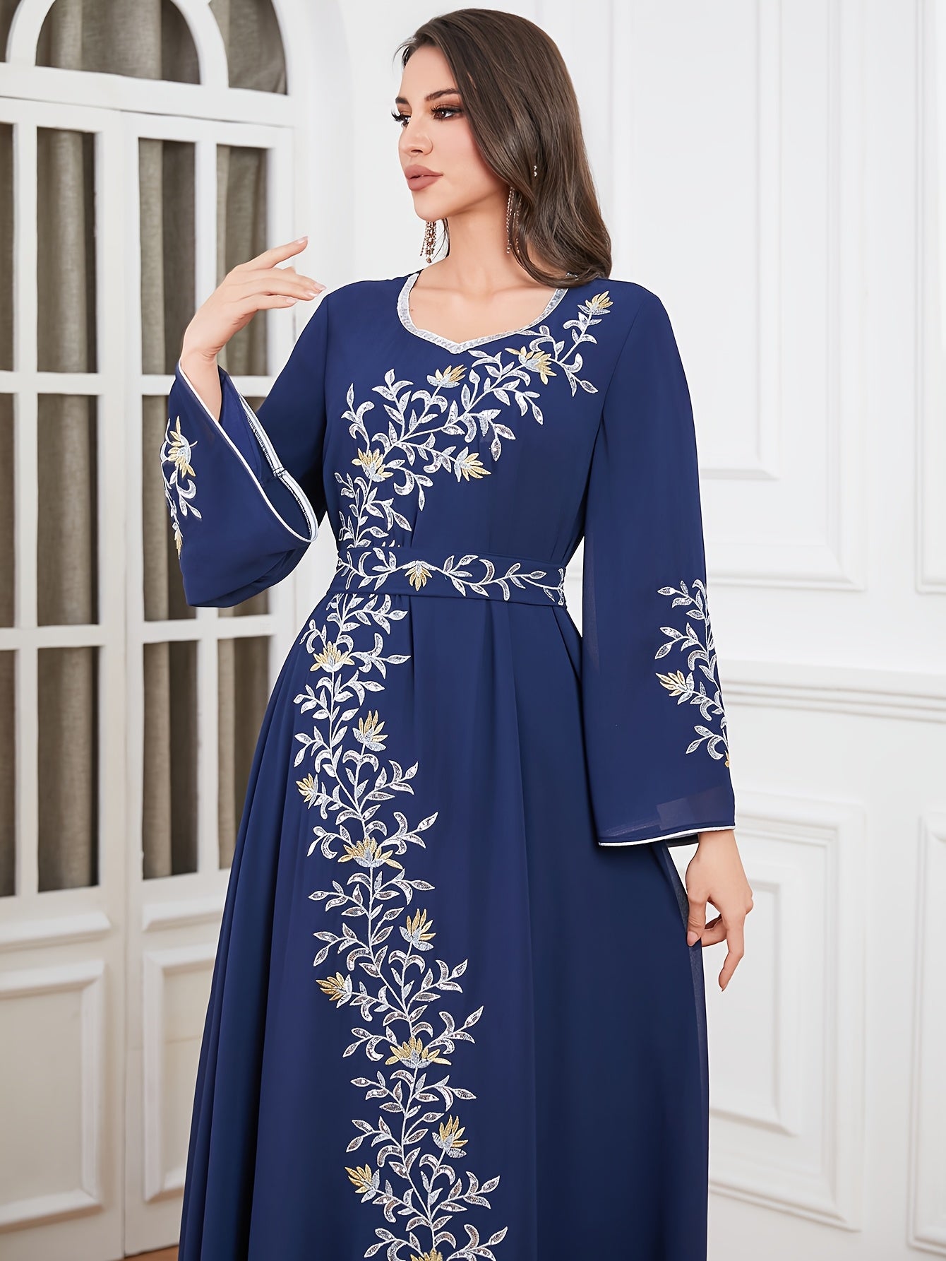 Elegant Embroidered Abaya Dress - Loose Fit, Machine Washable Polyester Modest Kebaya for Women with Belt