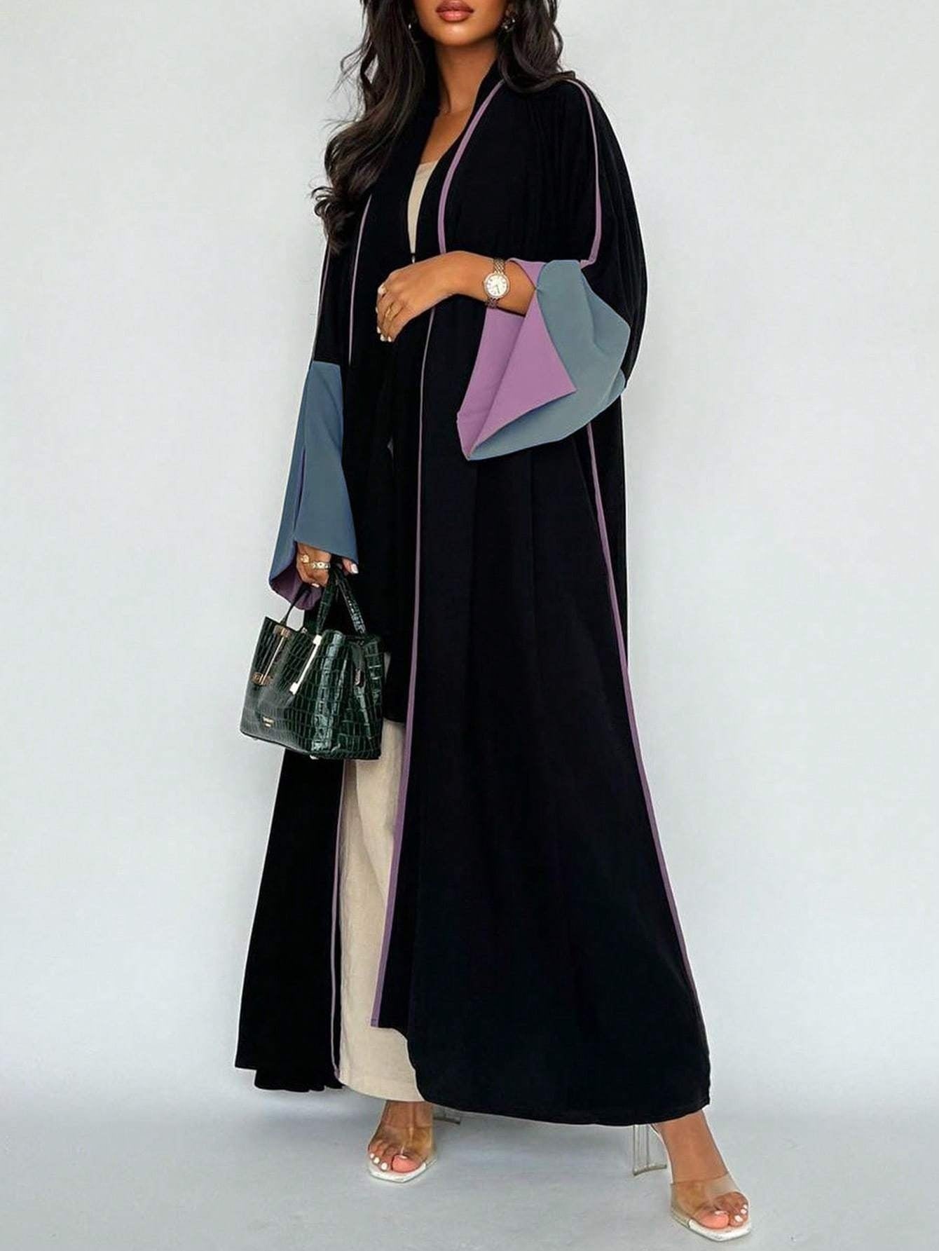 Plus Size - 1pc Plus Size Women's Abaya Burqa - Elegant Color Block Design, Loose Fit Long Sleeve with Open Front, Black & Blue Geometric Pattern, Perfect for Festive Occasions