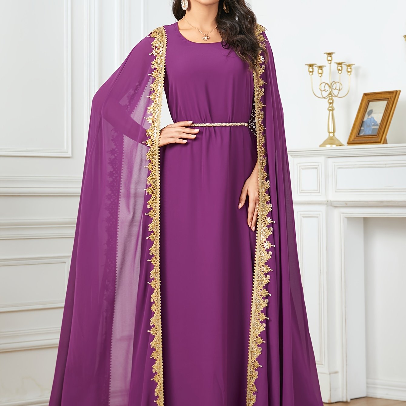 Middle Eastern-Inspired Emerald Green Sequin-Trimmed Lace Embroidery Robe Modern Abaya - Long Sleeve A-Line Gown with Golden Accents, Machine Washable Formal & Casual Wear