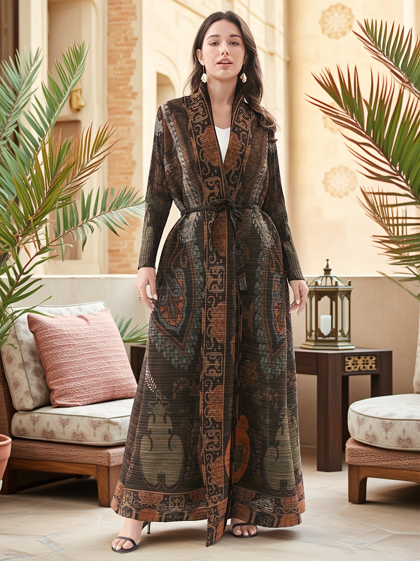 Elegant Women's Long Abaya - Loose Fit, Batwing Sleeves, Pleated Detail, Stretchy Fabric, Open Front, Middle Eastern Style, Perfect for Spring/Fall, Casual Wear Abaya | Elegant Abaya