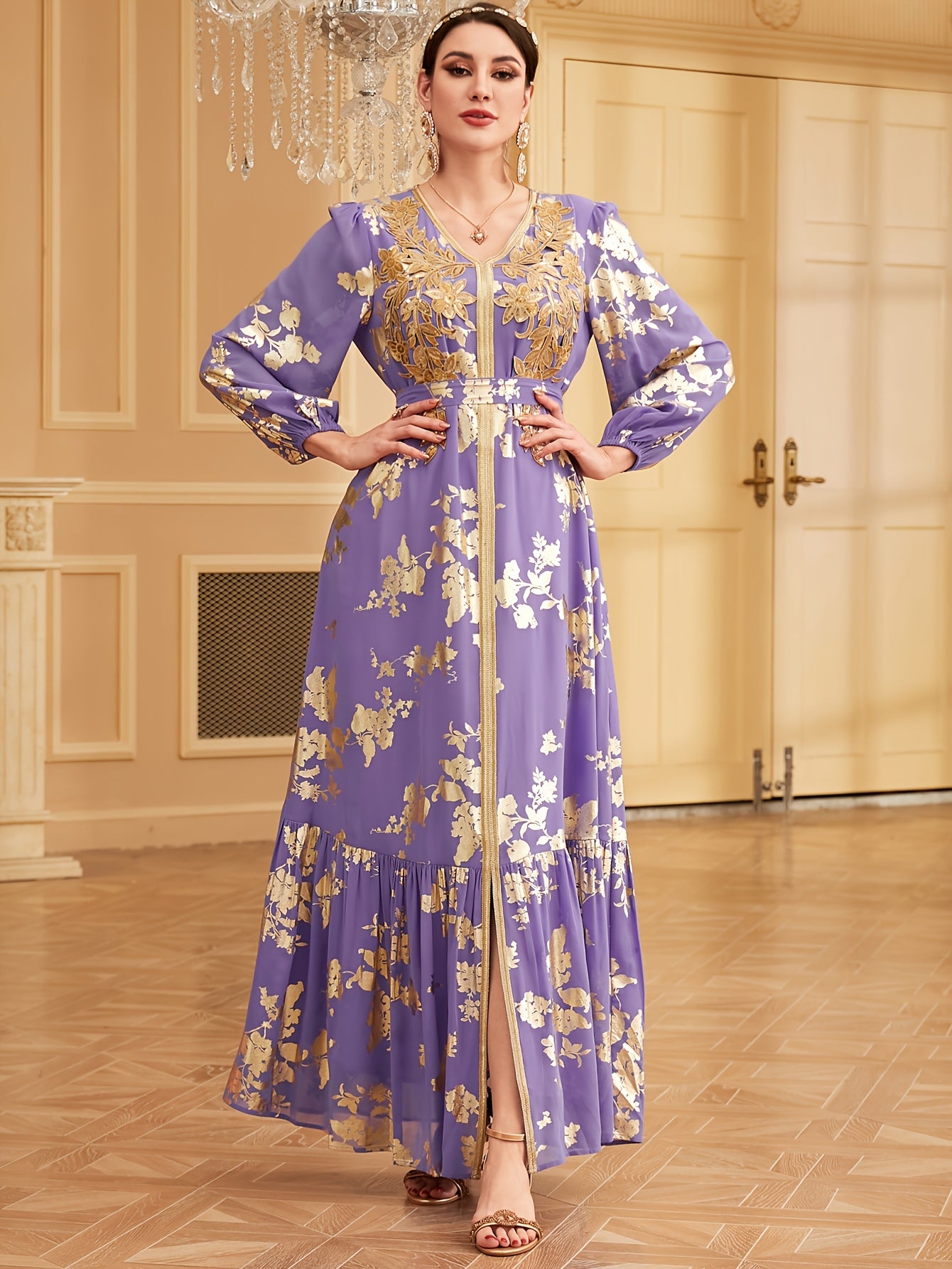 1pc Elegant Embroidered Long Sleeve Modern Abaya with Golden Accents, Polyester 100%, Regular Fit, All-Season Floral Print with Slit Hem and Waist Belt