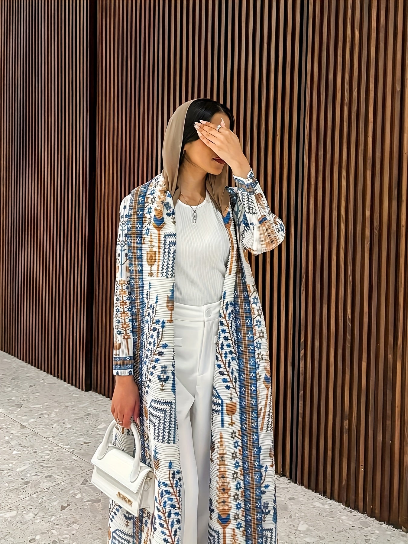 Elegant Palace-Style Geometric Print Robe - Lightweight High-Stretch Polyester Open-Front Abaya with Adjustable Drawstring Waist, Long A-Line Loose Fit for Spring/Autumn