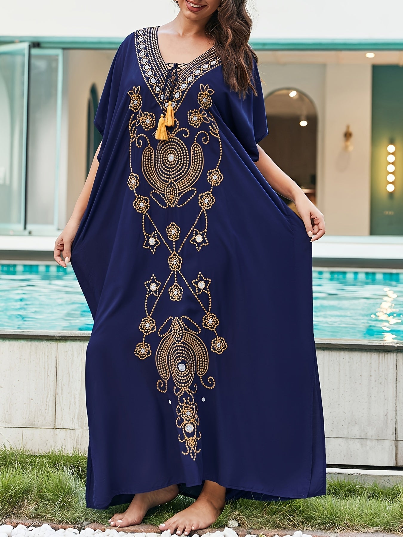 Swimsuit Coverup Embroidered V-Neck Kaftan Plus Size Summer Long Dress