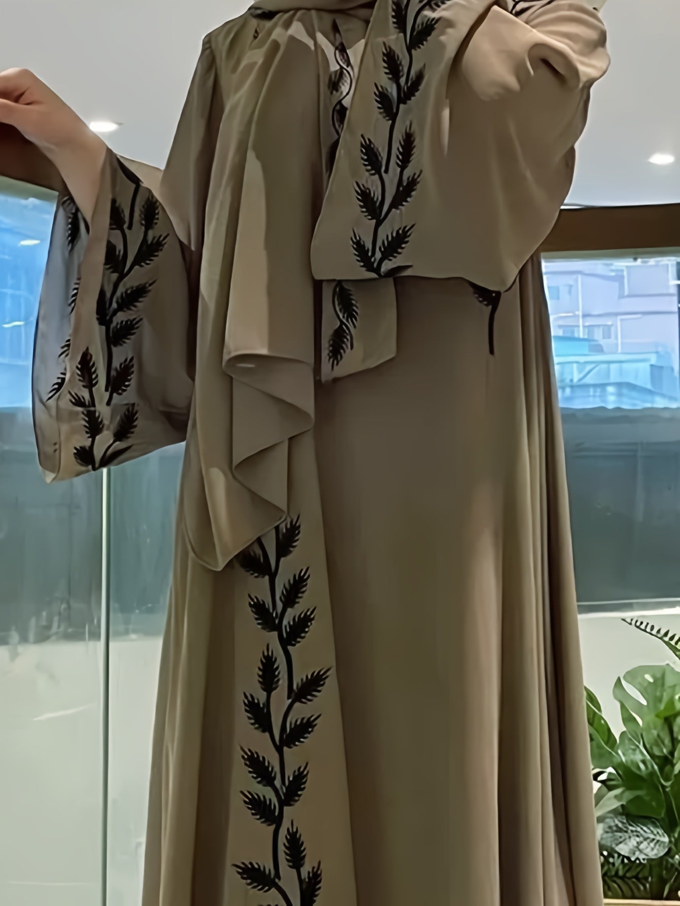 2pcs Set Middle Eastern Ethnic Clothing Fashion Street Chiffon V-neck Embroidery Long Floor-length Arabic Abaya For Women With Headscarf
