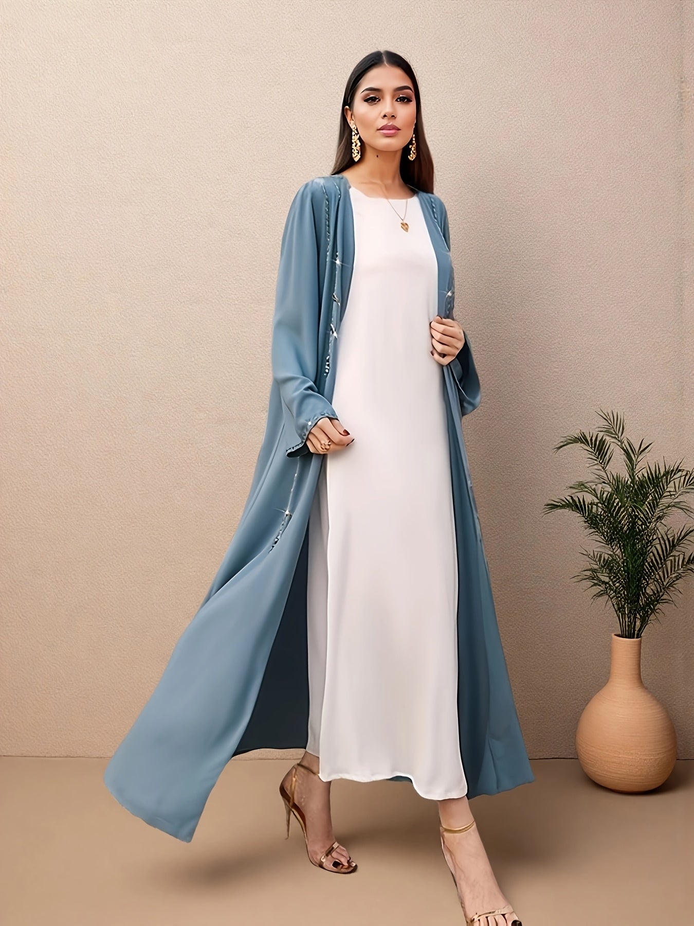 Women's Handmade Blue Rhinestone Abaya Dress - Long Sleeve, Open Front, Lightweight Summer Dress with Intricate Patterns, Perfect for Casual or Cultural Wear, Cultural Attire