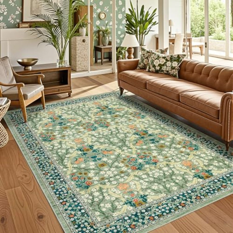 Floral Area Rugs, Sage Green Washable Rug for Living Room Bedroom Low Pile Non Slip Stain Resistance Indoor Boho Arabian Carpet Mat for Farmhouse Dining Room Office