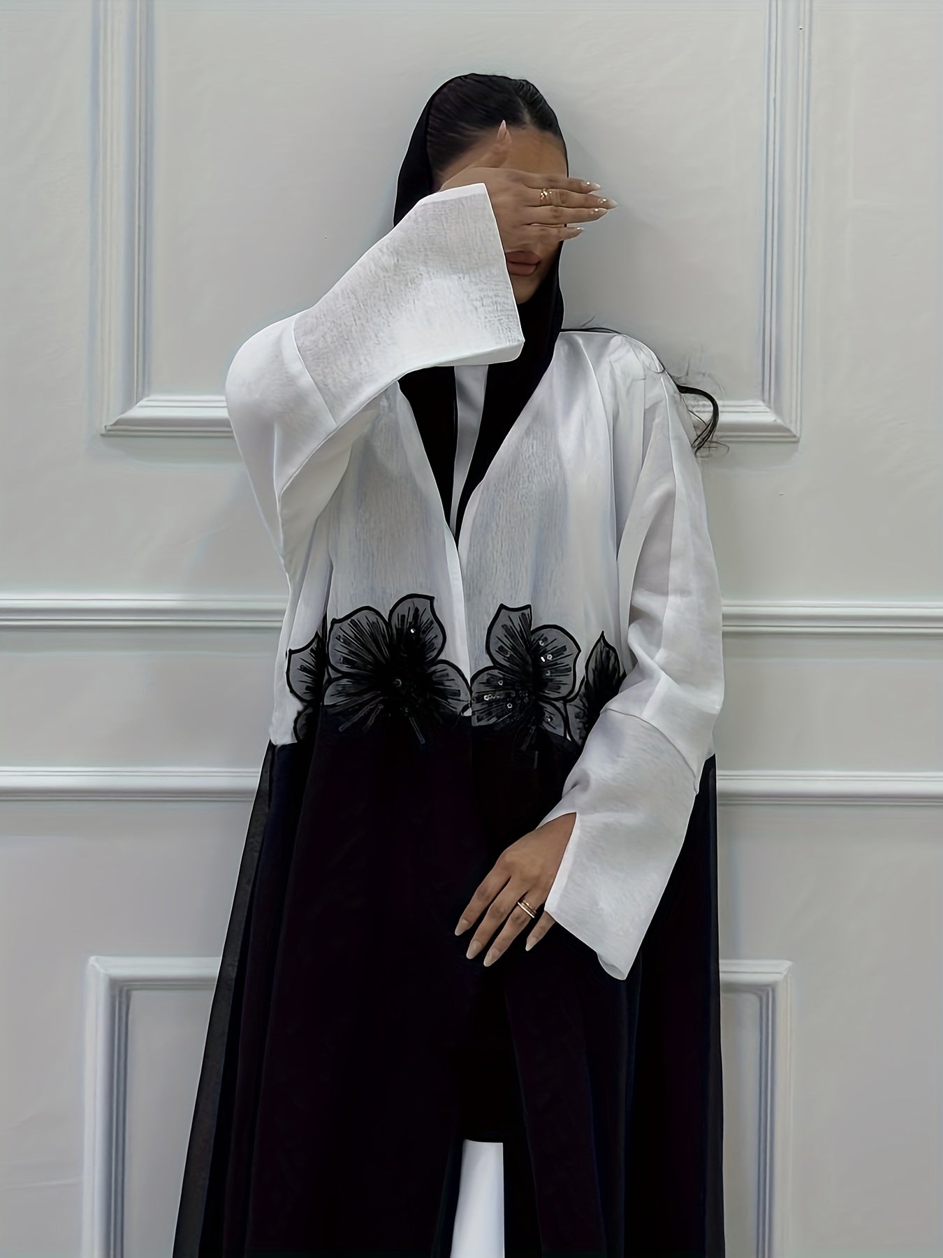 Elegant Modest Muslim Dubai Arabian Abaya Robe with Floral Embroidery - Long Sleeve Open Front, Solid Color, All-Season Wear, No Headscarf, Hand Wash or Dry Clean, Muslim Dress
