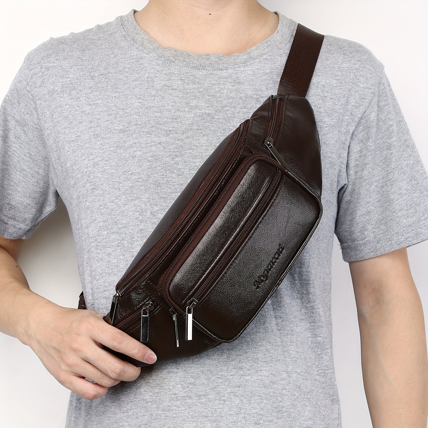Men's Genuine Leather Belt Bag, Casual Top Layer Cowhide Fanny Pack, Black, with Adjustable 35.43inch Strap, Crossbody