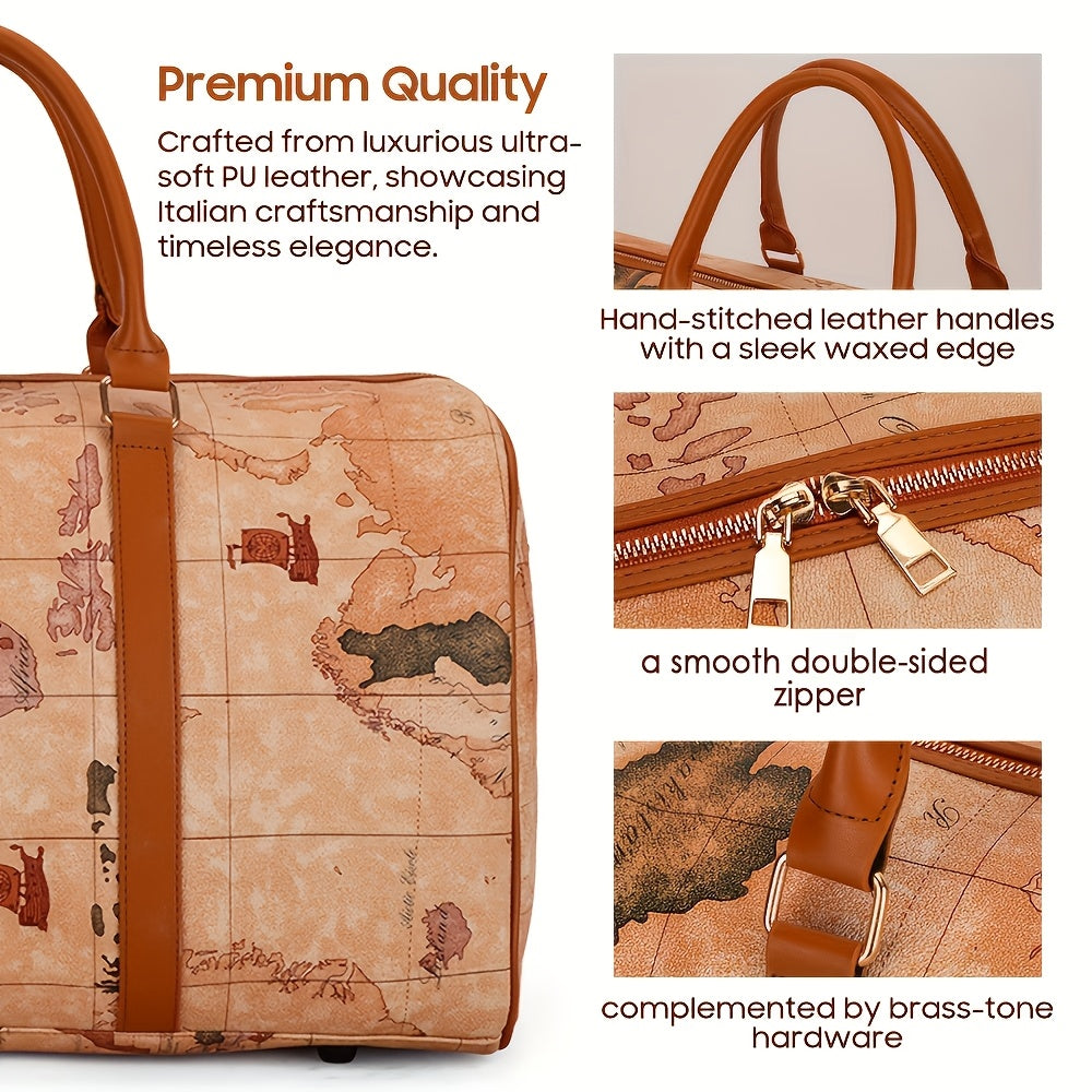 Vintage Leather Map Design Travel Duffel Bag, Large Capacity Luggage with Zipper Closure, Polyester Lined, Edge Painted - Hand Wash/Dry Clean Only, Secure Storage Bag | Retro Style Suitcase | Bag, Luggage for Travel