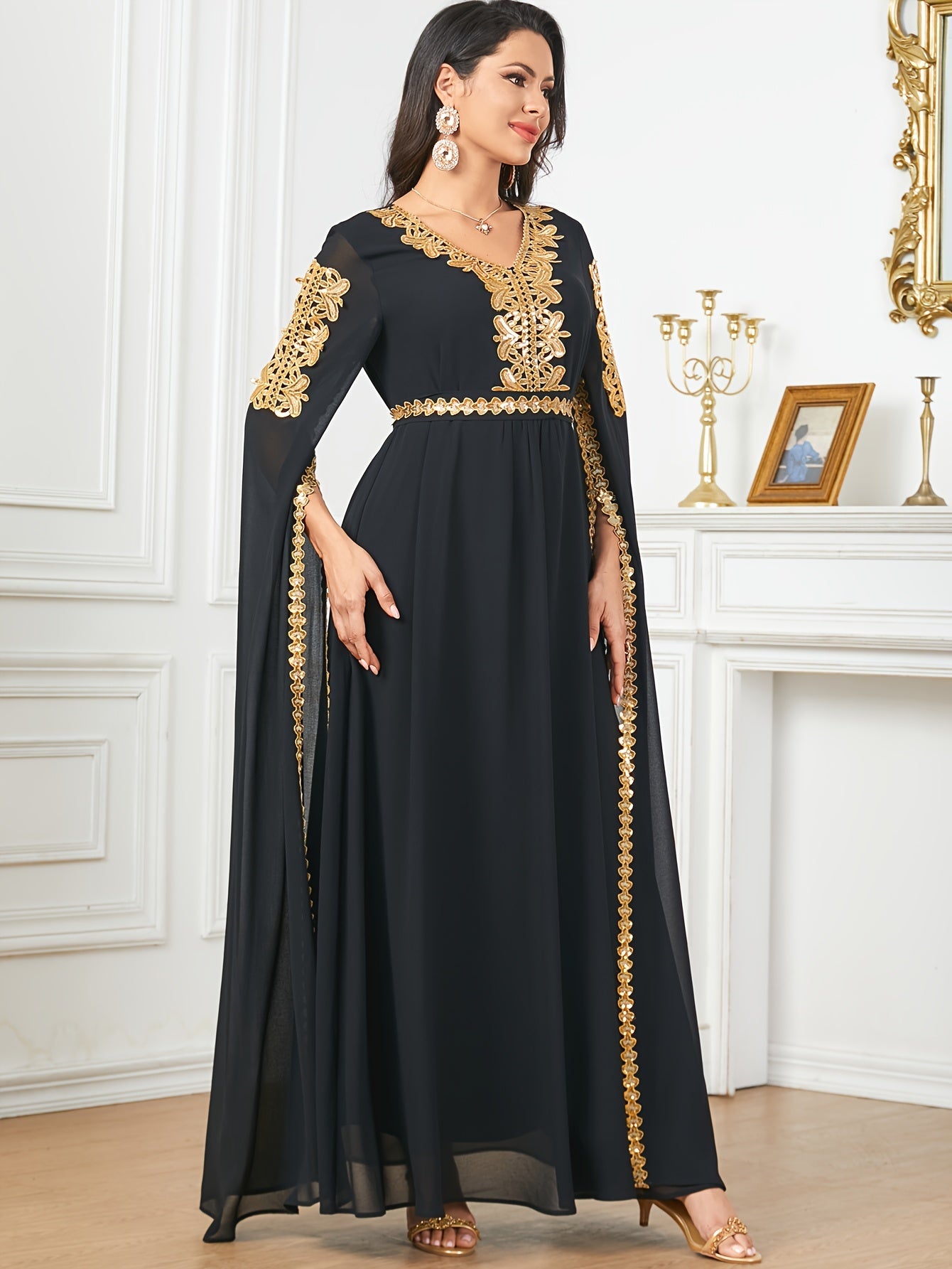 Elegant Black Sequin Embroidered A-Line Maxi Abaya Dress with Golden-Tone Embroidery, Slit Sleeves & Adjustable Waist Belt - Middle Eastern-Inspired Formal Party Wedding Guest Dress, Cultural Attire, Nontransparent Fabric