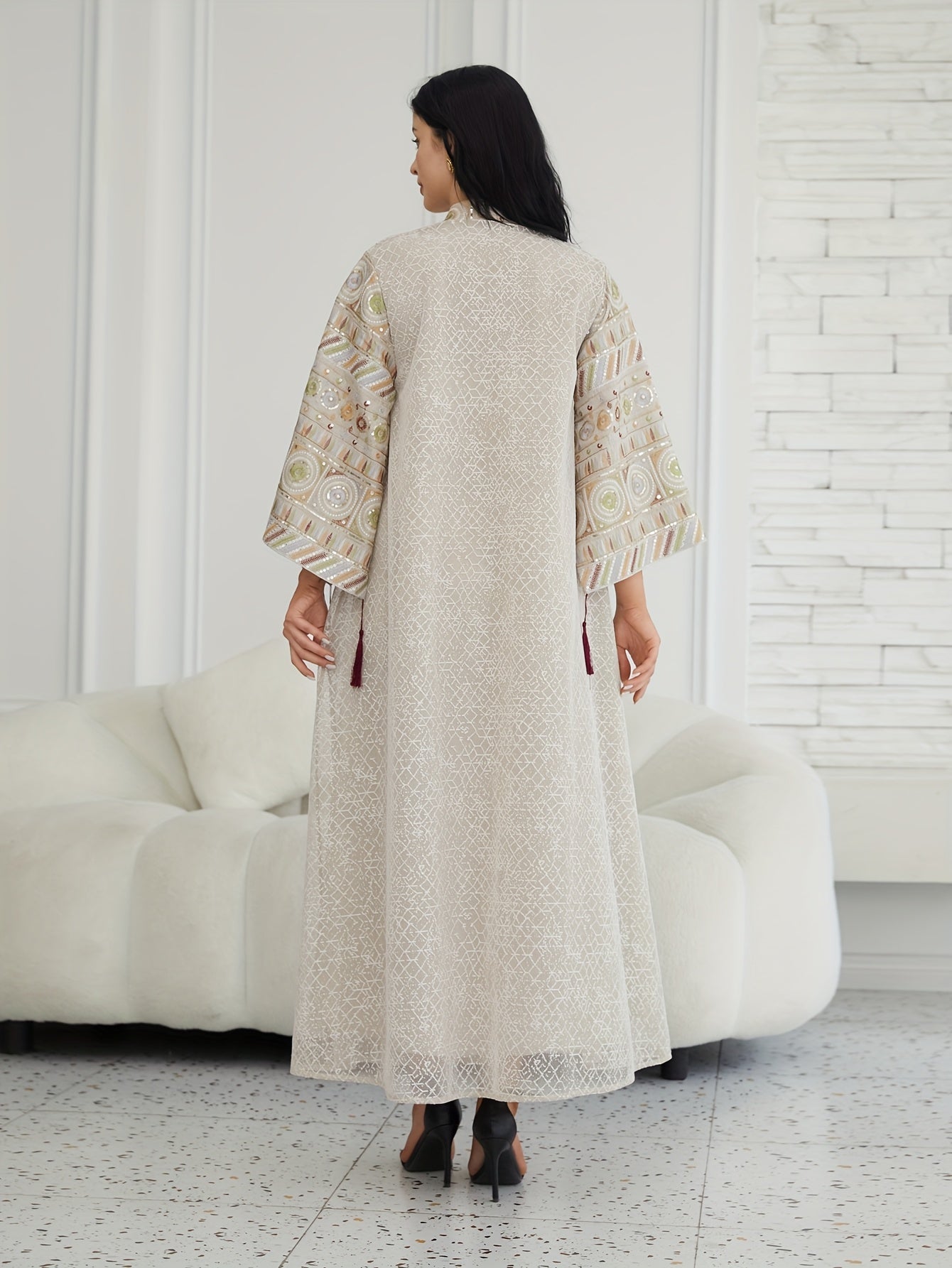 Women's Middle Eastern-Inspired Kaftan Abaya Dress - Luxurious Lightweight Geometric Pattern Long Sleeve Loose Fit Floor-Length Elegant Evening Gown for Spring Summer Fall