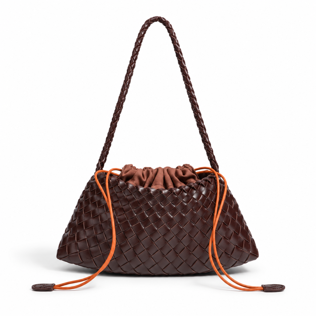 Chocolate Brown Woven Drawstring Shoulder Bag