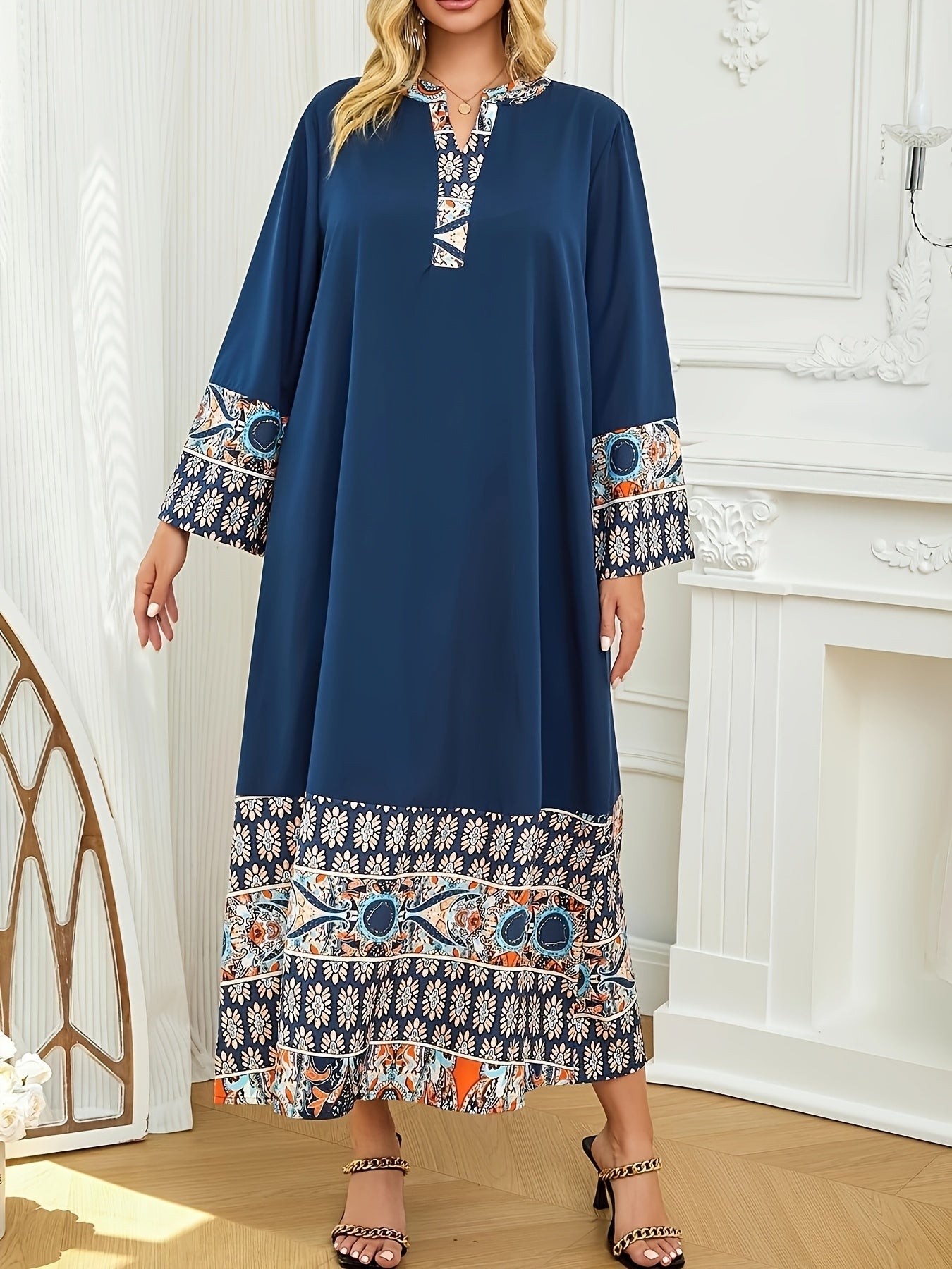 Elegant Muslim Kaftan Abaya Dress | Middle Eastern-Inspired Ethnic Floral Print with Blue/Orange/White/Black, Asymmetrical Hem & Lace Trim, X-Line Silhouette, Adjustable Waist Tie for Modest Women