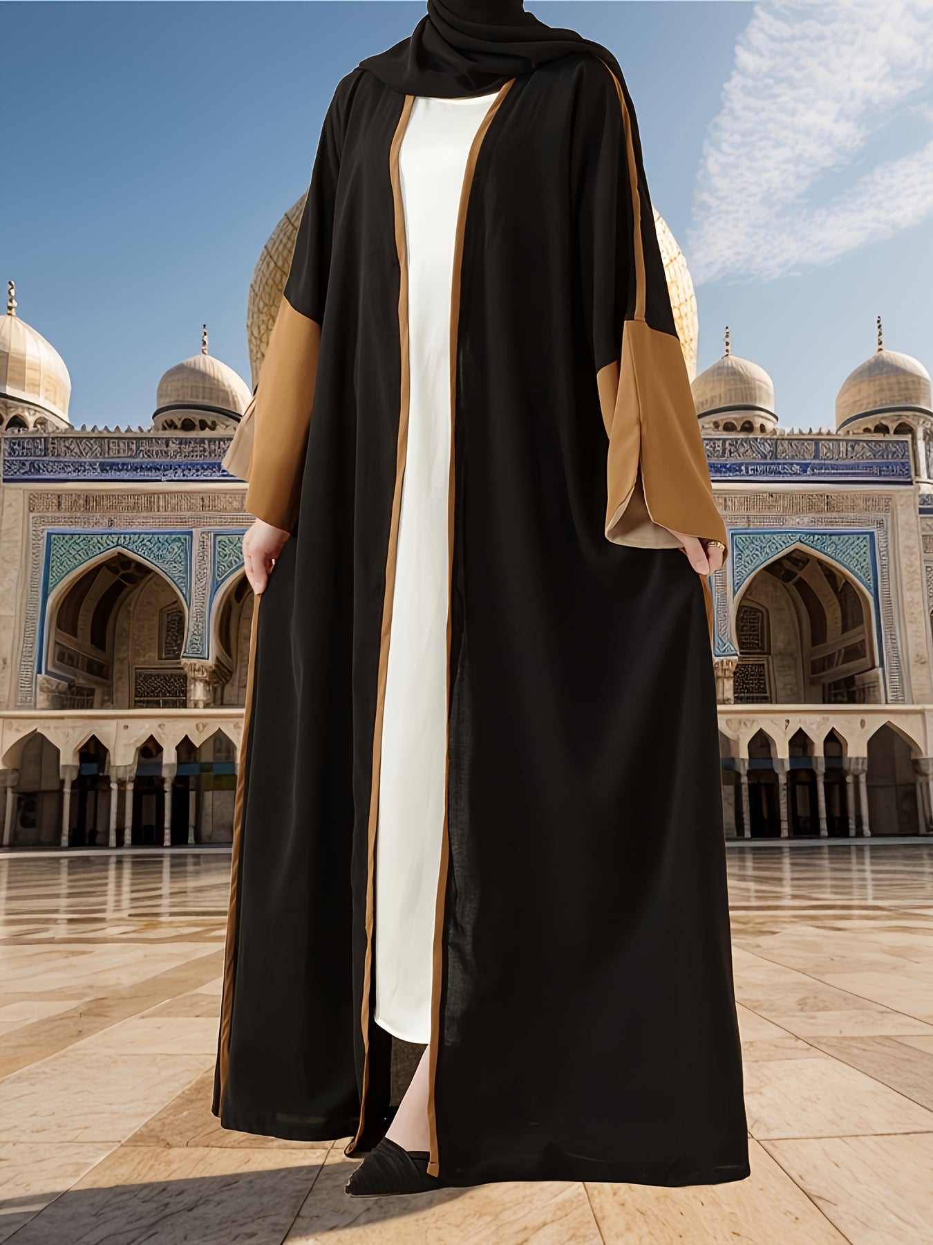 Elegant Modern Open Abaya - Black & White Color-Block with Golden Trim, Sleeve Islamic Dress, Relaxed Fit H-Line Silhouette, Slit Detailing & Breathable Fabric for All-Season