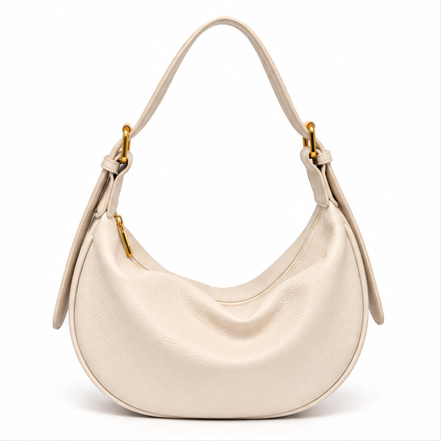 Beige Crescent Pebbled Leather Shoulder Bag
